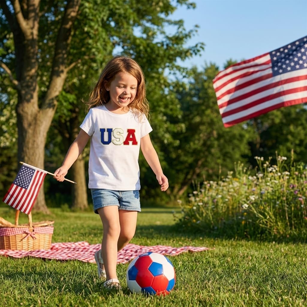 Toddler Girls 4th of July Shirt Cute Short Sleeve Embroidery USA T-Shirt Red White Blue Patriotic Top