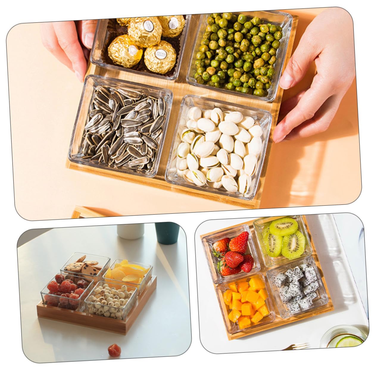 Toyvian Plateau de Service Verre Divisé avec Support Bois Assiette pour Noix et Fruits Secs Plateau Apéritif Multi-compartiments sans Couvercle pour Cuisine et Réception