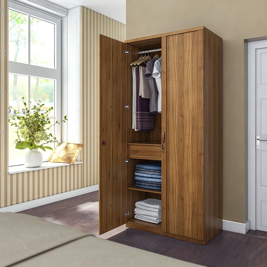 Spacewood Harmony 2 Door Wardrobe | Natural Teak Finish | Engineered Wood Almirah with 1 Lockable Drawer & 1 Hanging Space | Bedroom Cupboard Almari | 3-Year Warranty-image-17