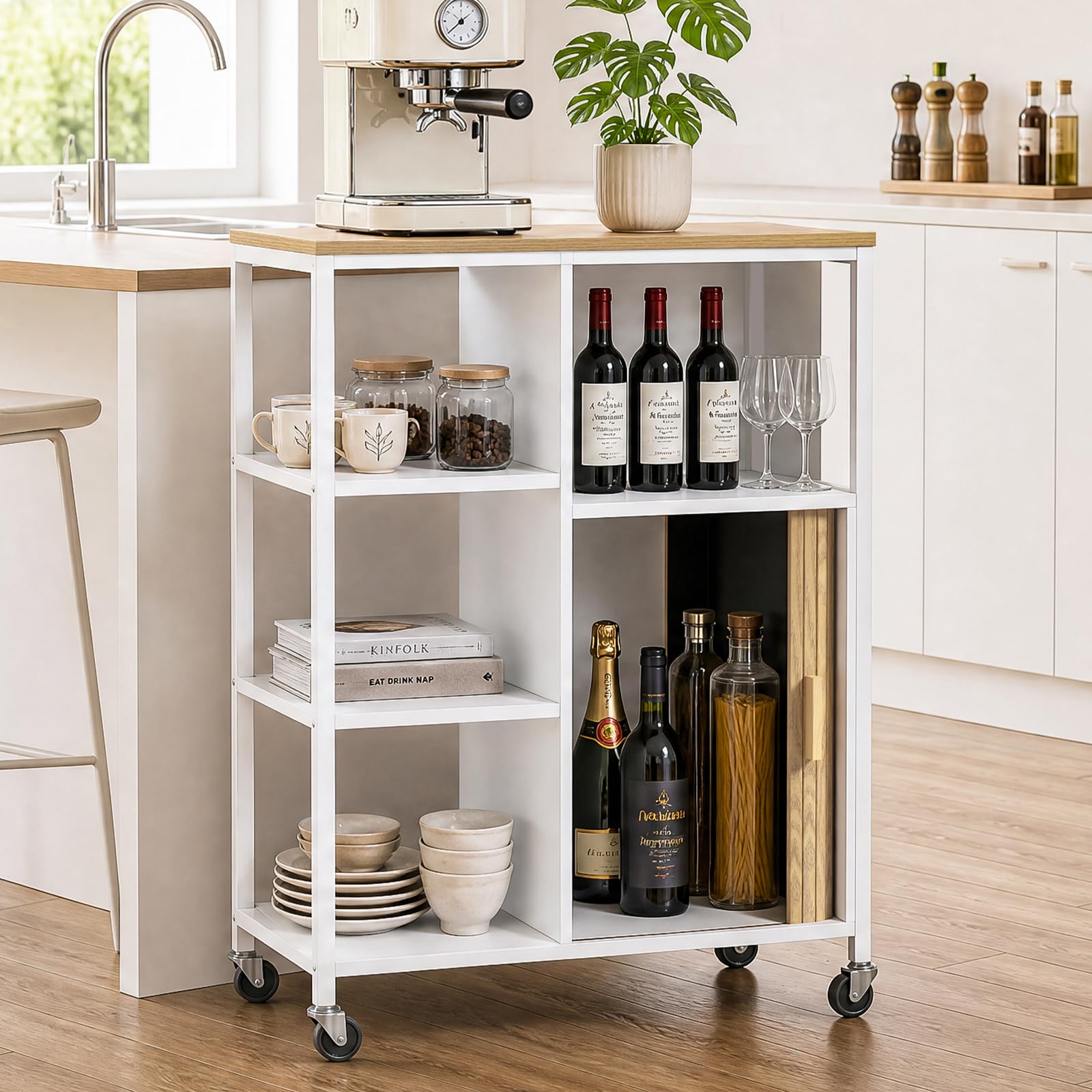 Küchenwagen mit Rollen, mobiler Servierwagen mit Stauraum und Rolltüren, Kücheninsel mit Arbeitsplatte, Rollwagen für Küche, Wohnzimmer & Esszimmer, 37 x 67 x 95cm