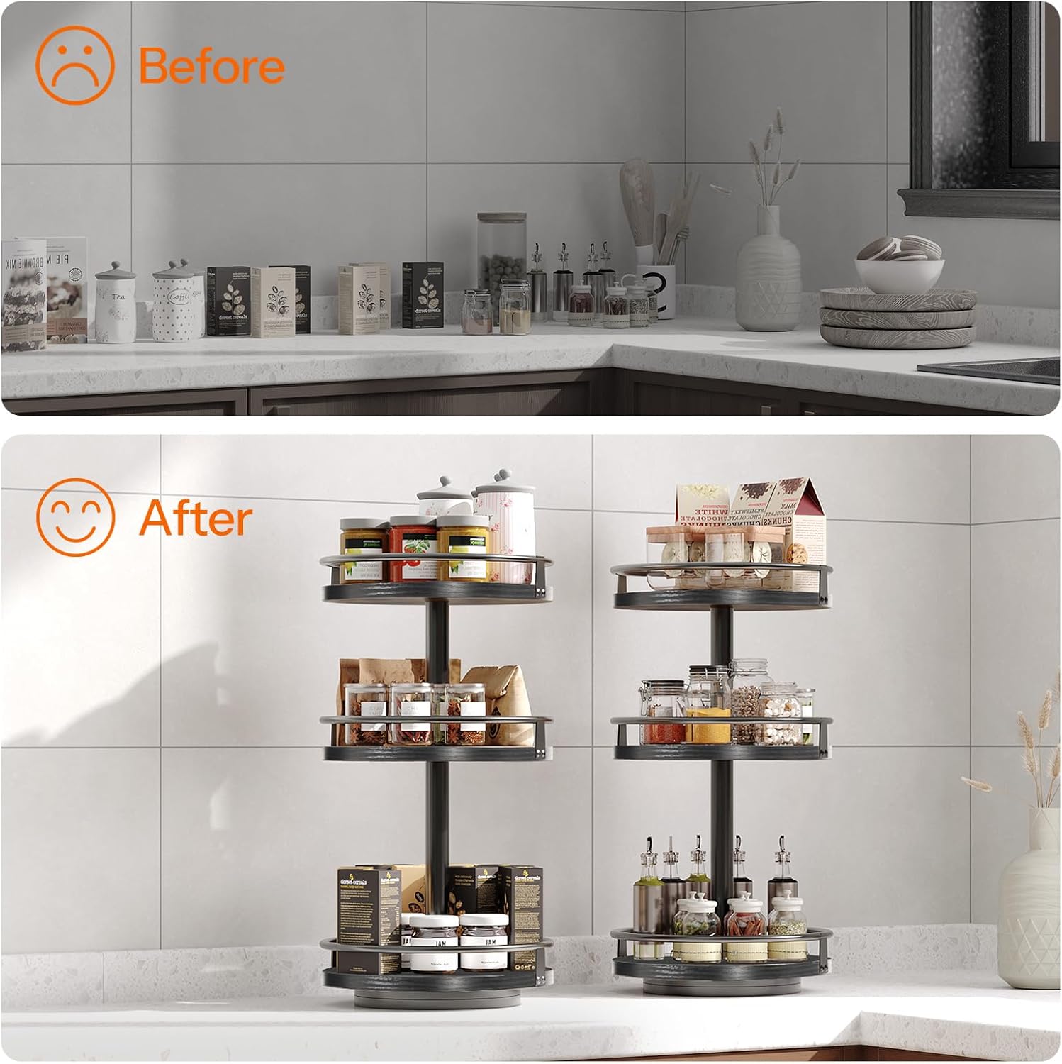 HOOBRO Lazy Susan Organizer, Rotating Spice Rack, 3-Tier Organizer, Turntable Spice Rack, Vertical Storage Organizer, for Kitchen Countertop, Vanity, Dining Table, Black BB09TL01