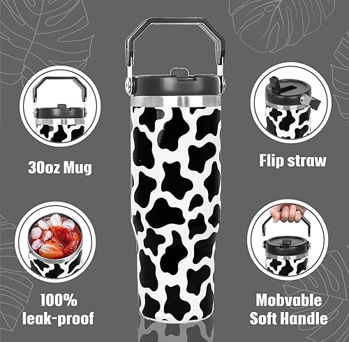 Miniatura 4 de Vaso con estampado de vaca de 30 onzas con asa, popote abatible a prueba de fugas, taza de café de vaca con asa, bonita botella de agua, regalos de