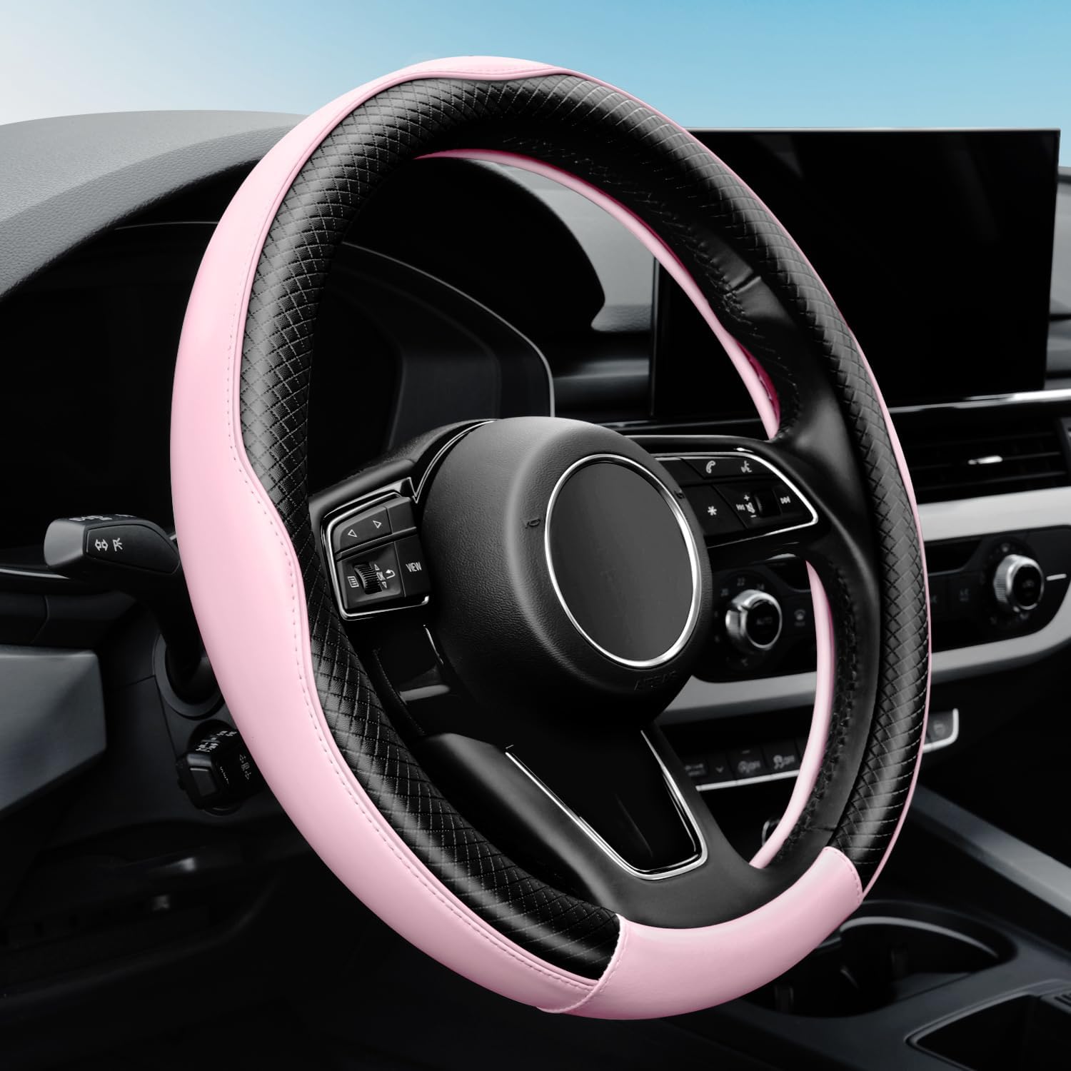YHONGJT Soft Premium Leather Steering Wheel Cover, Breathable, Non-Slip Grip, Universal 15 Inch for Women Girls, Fit Vehicles, Sedans, SUVs, Vans, Trucks - Baby Pink