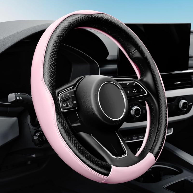 Capa para Volante YHONGJT em Couro, Antiderrapante, Rosa-claro G-Light Pink com Linha Rosa, 37–38 cm