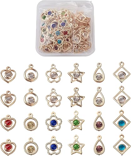 Miniatura 2 de Cheriswelry Colgantes de corazón de aleación de oro claro con diamantes de imitación, colgantes de cristal brillante, cuentas de flores para aretes,