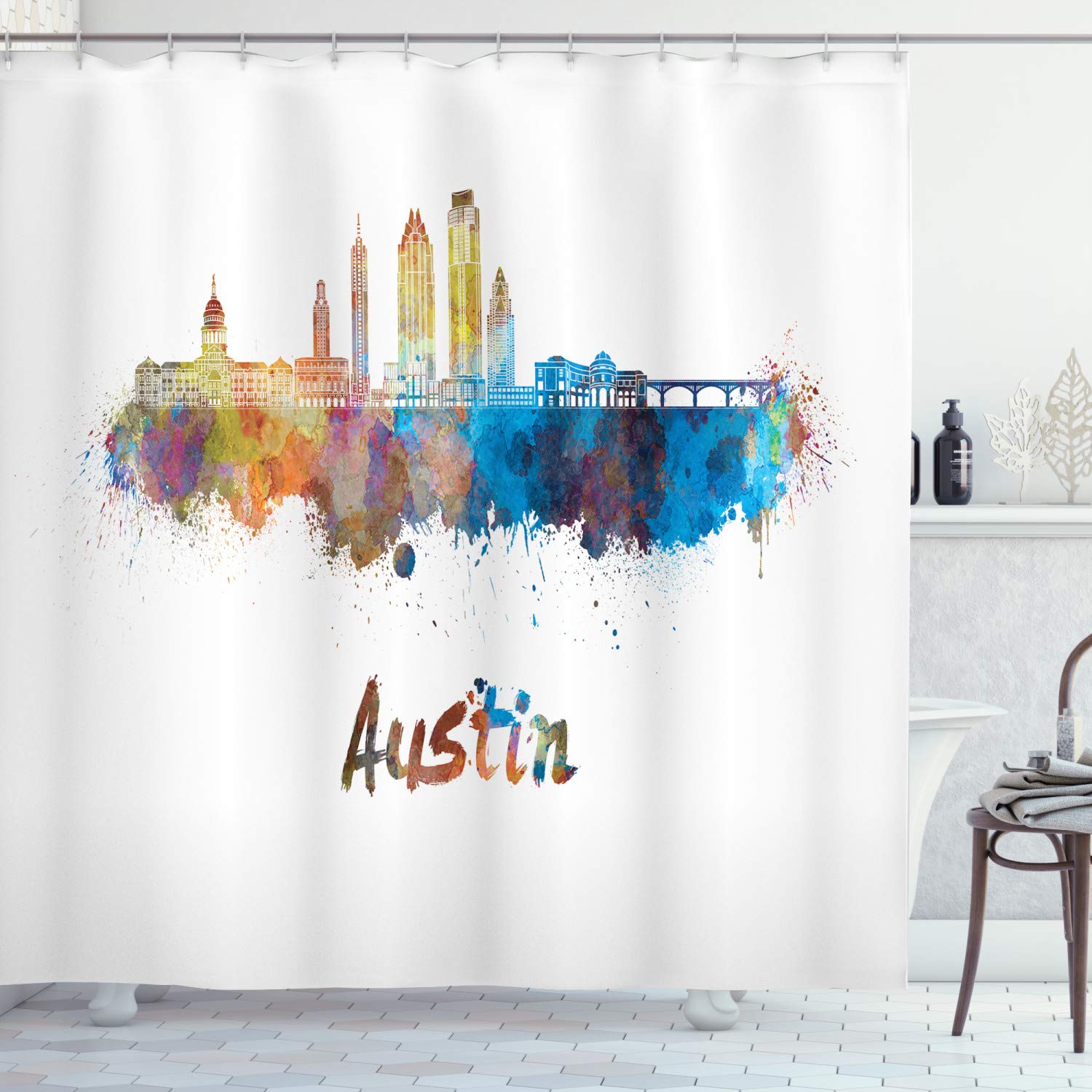 Ambesonne Austin Shower Curtain, Typographic Design with Paint Splatters Illustrated in an Composition, Cloth Fabric Bathroom Decor Set with Hooks, 69