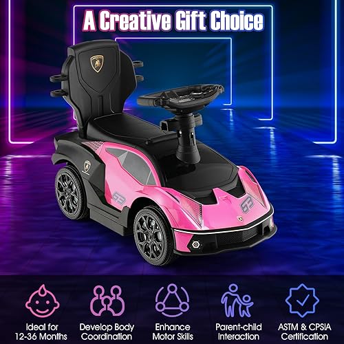 Miniatura 4 de HONEY JOY Lamborghini - Cochecito de juguete para niños pequeños, con asa de empuje y barandilla desmontable, sonido de bocina y motor,