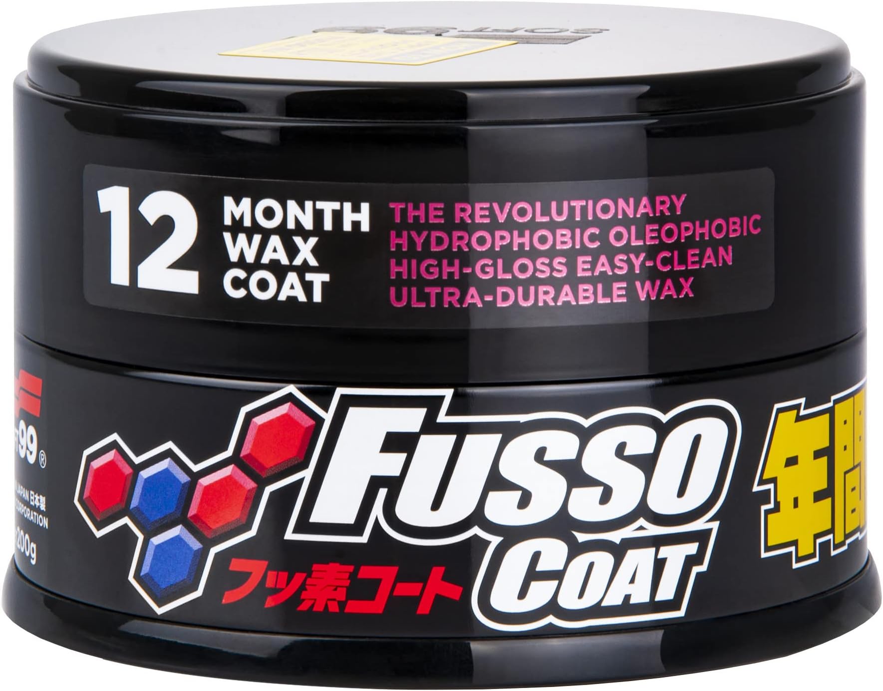 SOFT99 Fusso Coat 12 Months Wax Dark 200g - Hard Car Wax Polish – Auto Care Waterproof Hydrophobic Coating - Durable Paintwork Protection and High-Gloss Finish - Kit with an Applicator Pad