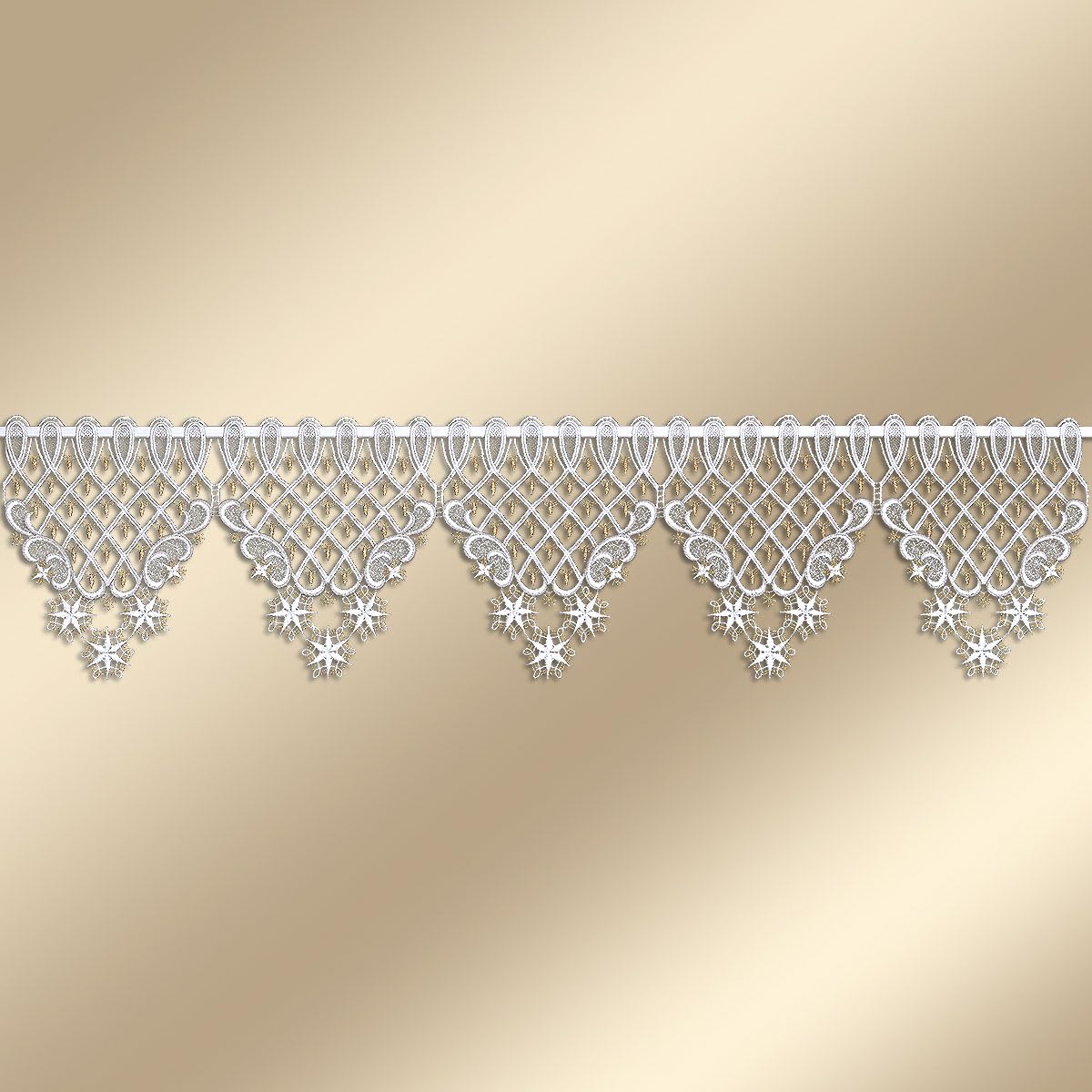 Wintergardine Weihnachtsträumerei mit Stern | Feenhaus-Spitzengardine Plauener Spitze | Scheibenhänger mit Schneeflocken Schneesternen | Stickerei weiß-Gold |Verschiedene Breiten | 21 cm hoch