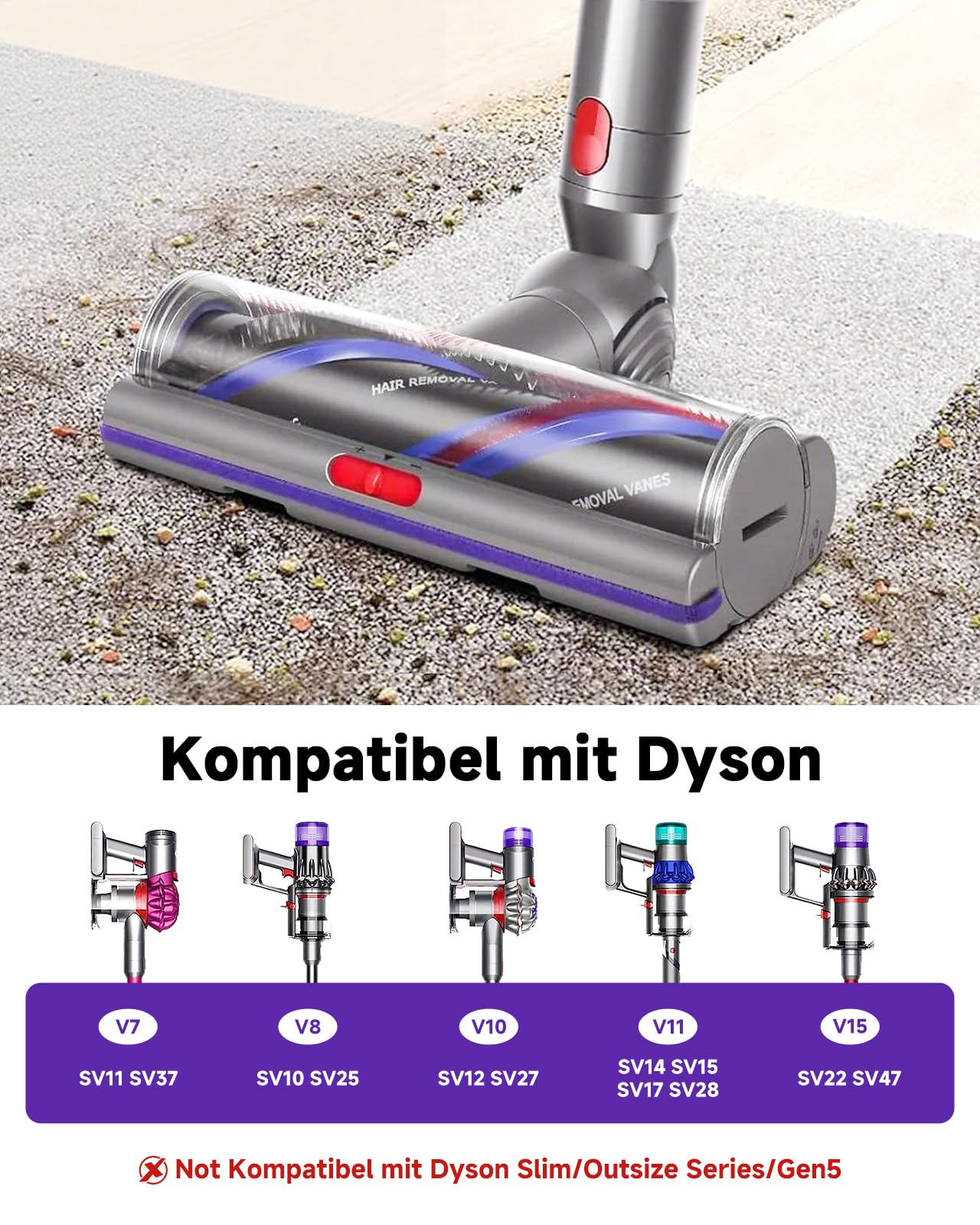 V11 Bodendüse für Dyson V15 V10 V8 V7 SV10 SV11 SV12 SV14 SV15,Torque Drive Bürste,Anti-Tangle,Einstellbare Saugkraft Elektrische Bodenbürste,Hartboden und Teppiche Ersatzbürste