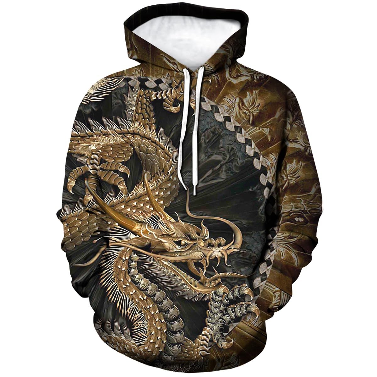 Snbidmk Men's Novelty Dragon Graphic Hoodie Sweatshirt Pullover with Pocket, Gold, 3XL