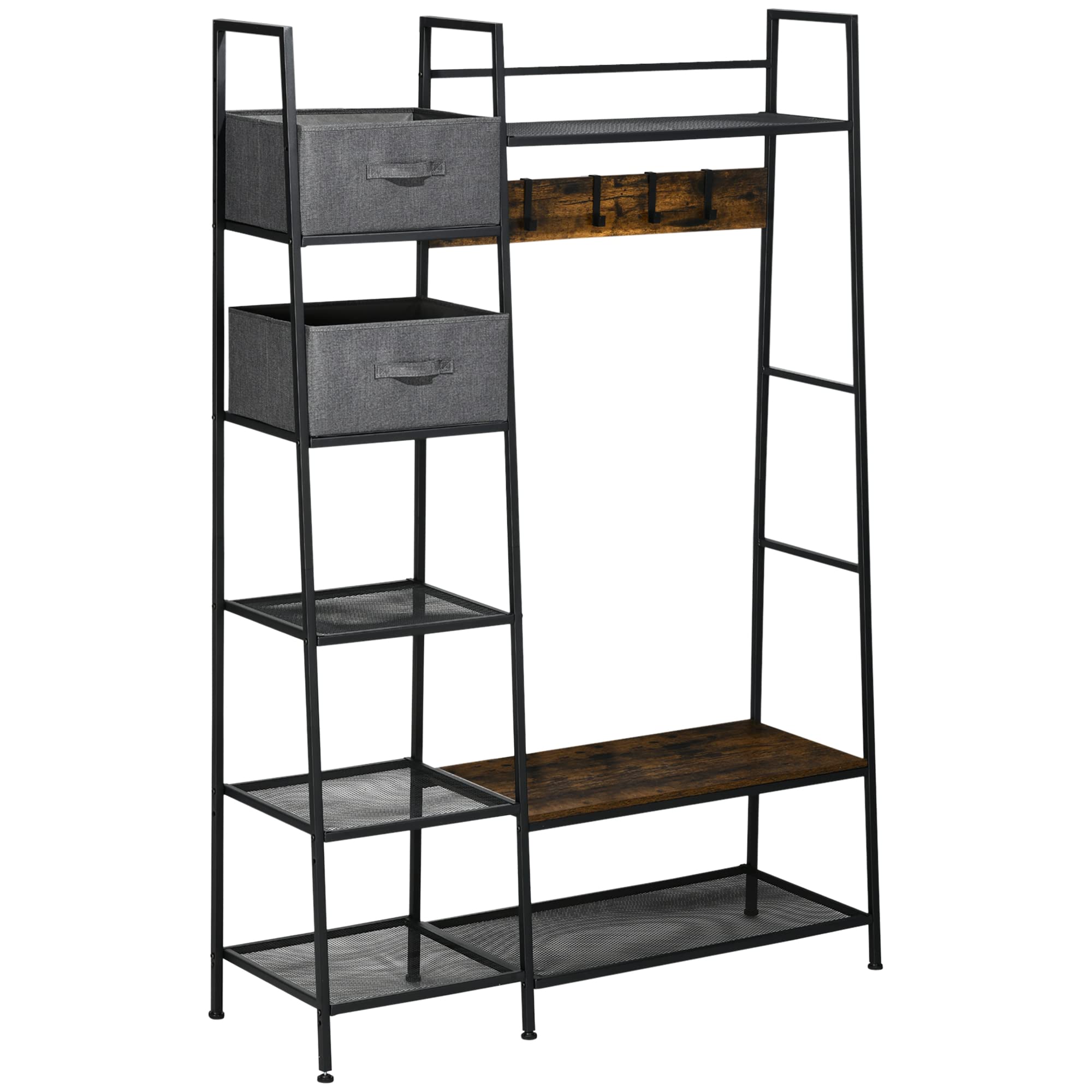 HOMCOM Porte-Manteau Vestiaire 125 x 43 x 185,5 cm Gris Brun Rustique | Meuble d'Entrée Style Industriel, Banc à Chaussures, Étagères, 5 Crochets Détachables, 2 Paniers en Tissu, Acier Bois