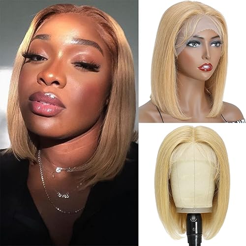 REMY HAIR Short Bob Wigs Brazilian Virgin Human Hair 150% Density 13x4x1 Lace Front Wigs Straight Human Hair for Black Women #27 Honey Blonde Bob Wigs(10 Inch)
