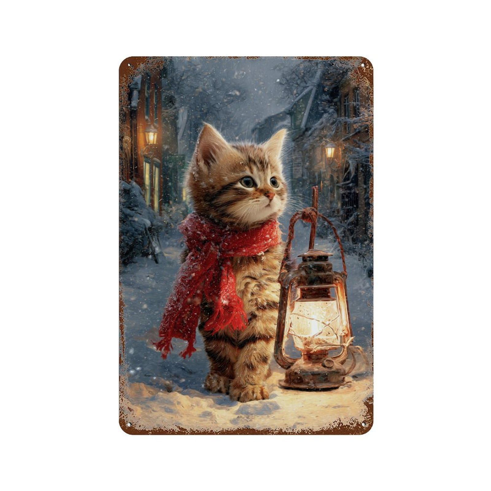Winter Kitty Lantern Scene Vintage Rust Metal Sign 11.8"x7.9", Shabby Chic Decor for Shed, Workshop And Garage Wall Decor