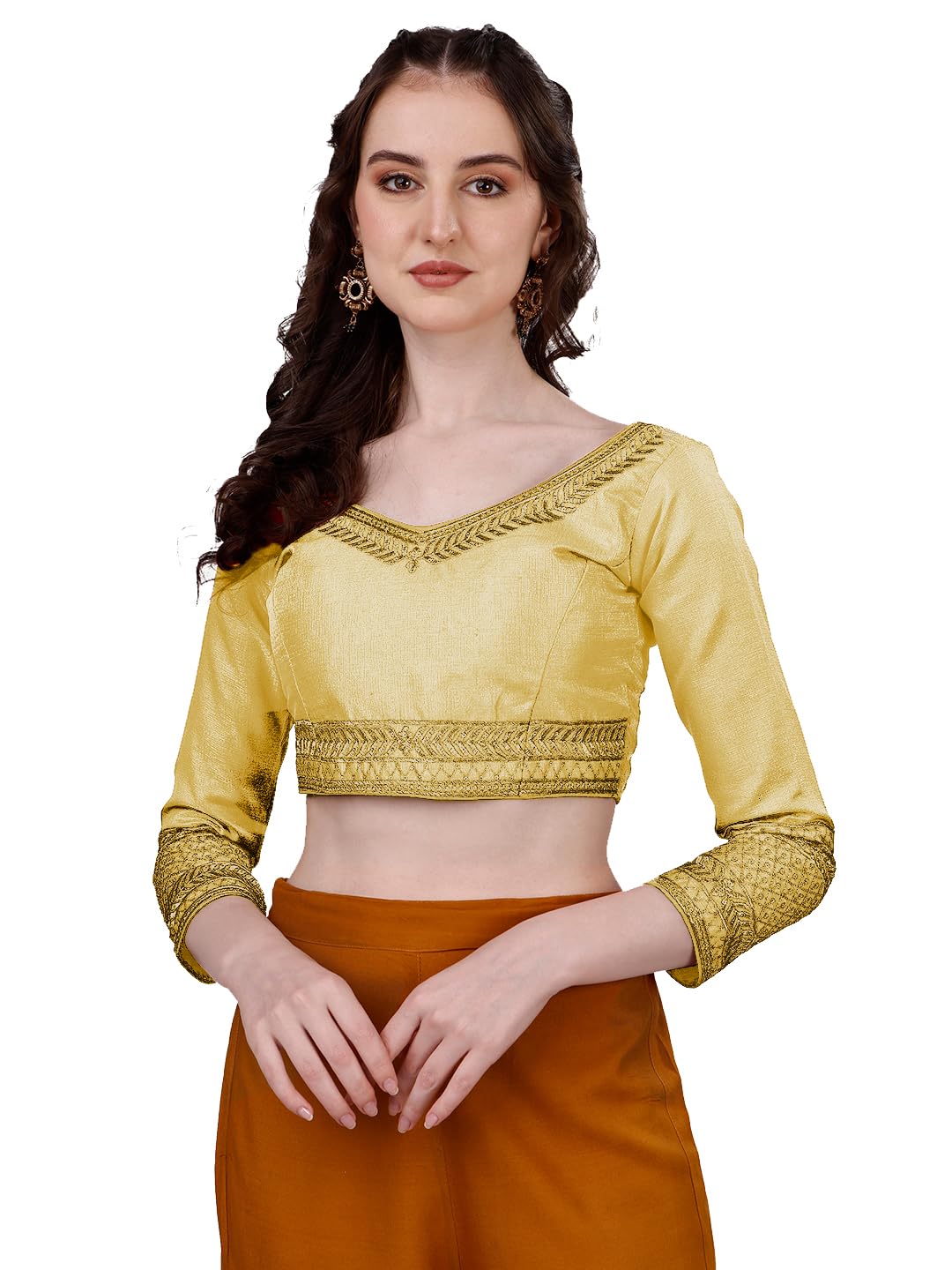 Pujia Mills Women's Milan Silk Heavy Embroidery with Sequins Worked Full Sleeve Fancy Saree Blouse