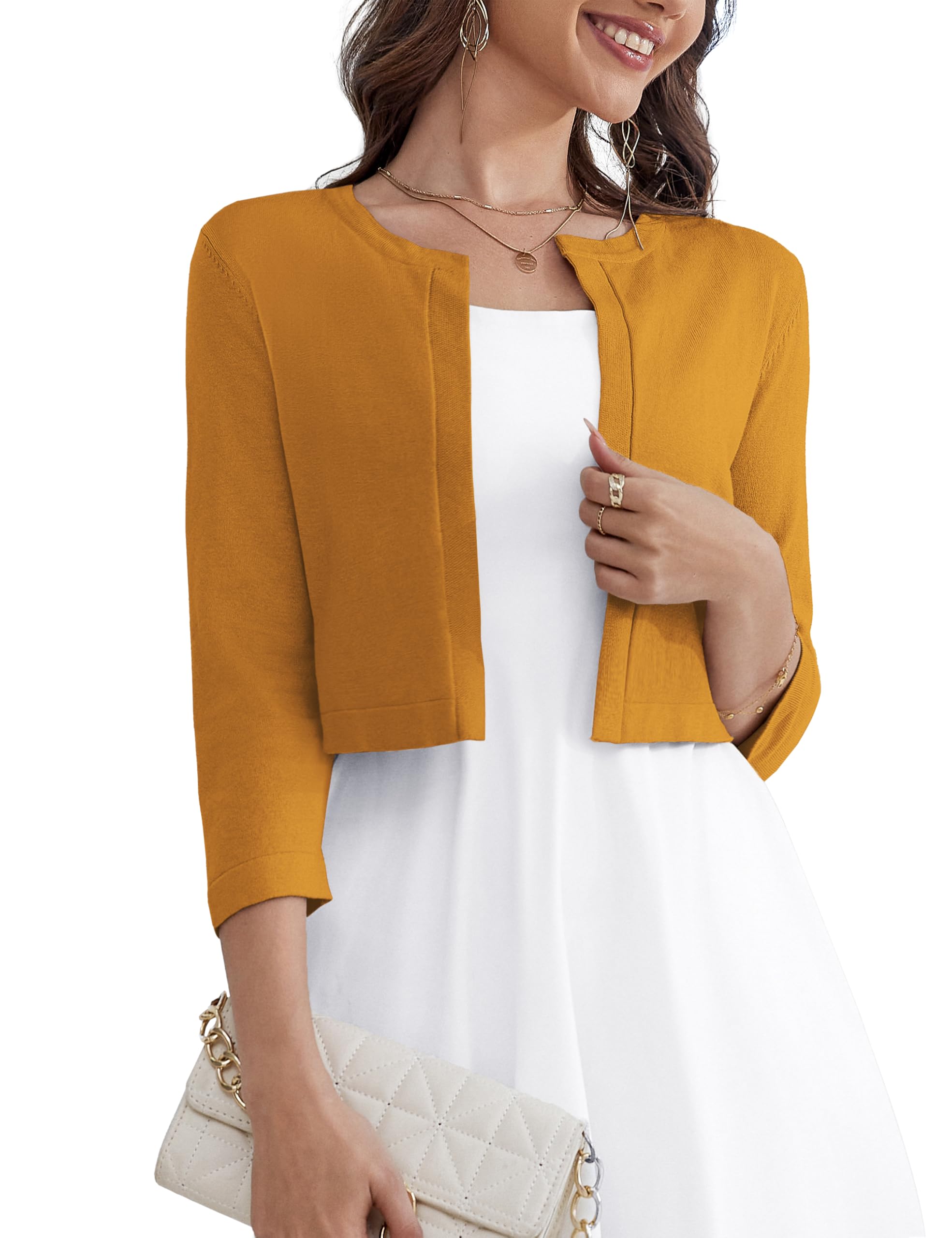 OmicGot Women's 3/4 Sleeve Open Front Knit Cropped Bolero Shrug Cardigan Sweater for Women S-XL