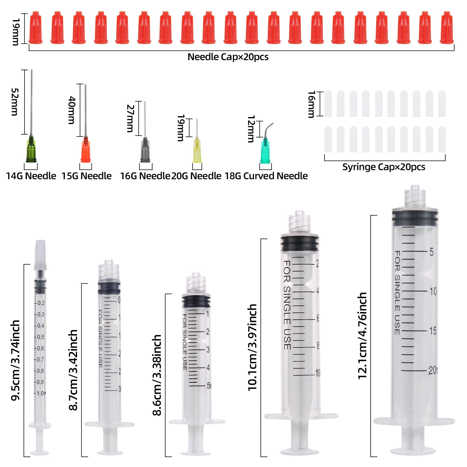 Zestaw 20 strzykawek z tępą igłą, różne rozmiary, 1 ml, 3 ml, 5 ml, 10 ml, 20 ml do napełniania i pomiaru płynów, laboratoria naukowe, nawadnianie roślin, przezroczysty