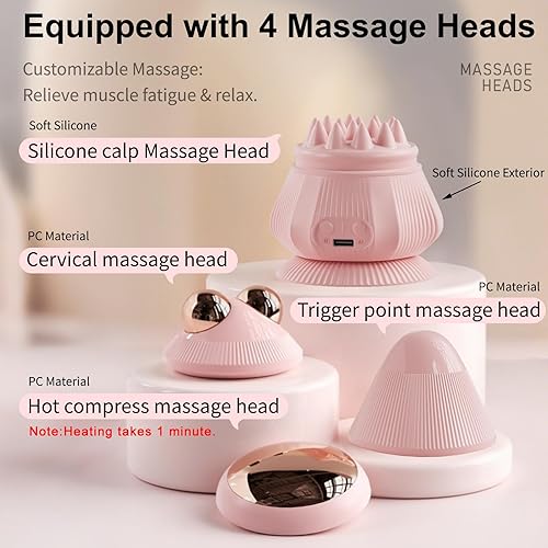 Miniatura 5 de Mini masajeador eléctrico de silicona para el cuero cabelludo y el cuerpo con ventosa, 4 cabezales de masaje, vibración recargable y calor,