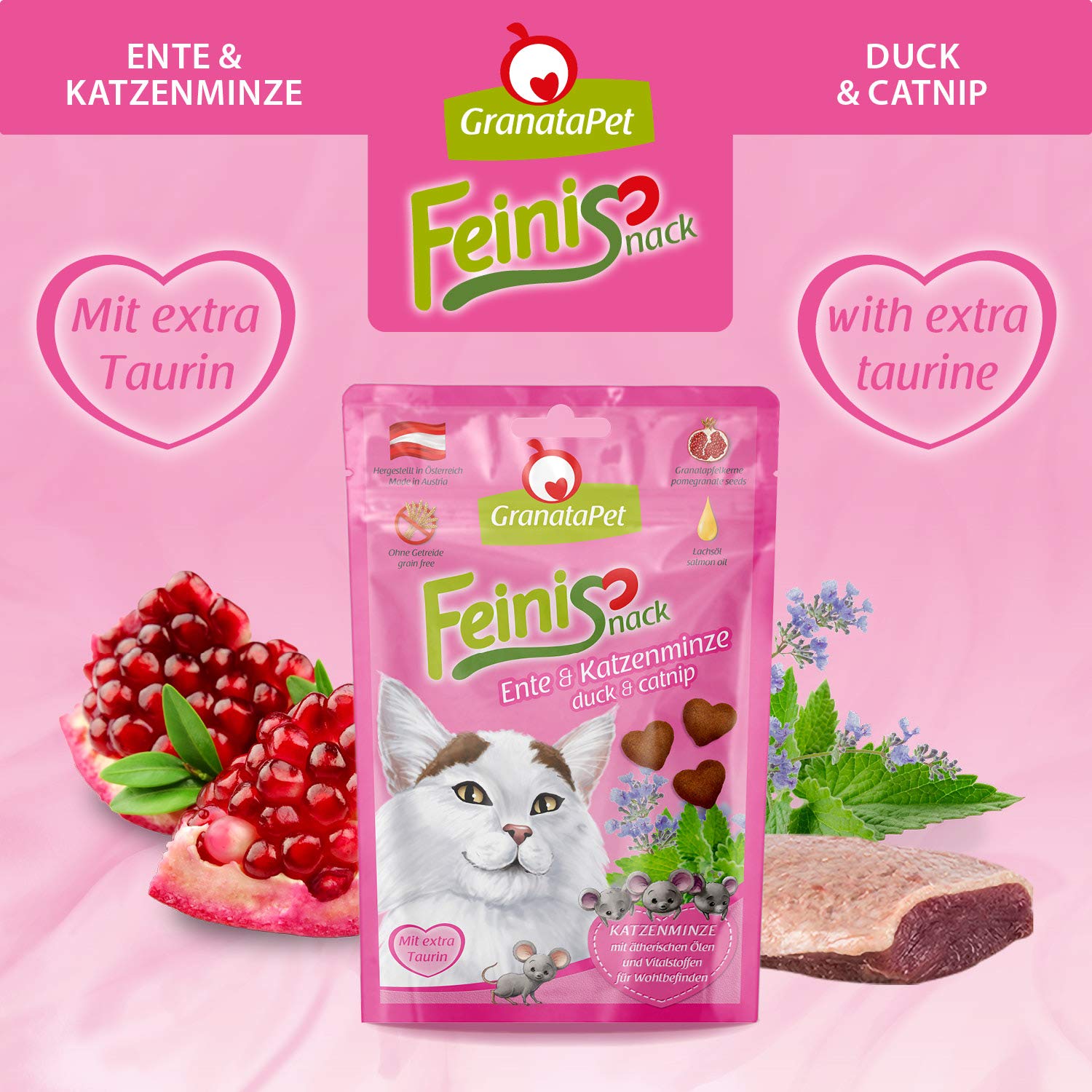 Granatapet Feinisnack Kaczka I Kocimiętka, 50 G, Smakołyk Dla Kotów, Tradycyjna Przekąska Dla Kotów, Bez Zbóż I Dodatków Cukru, Nagroda Za Fantazyjne Aksamitne Łapy