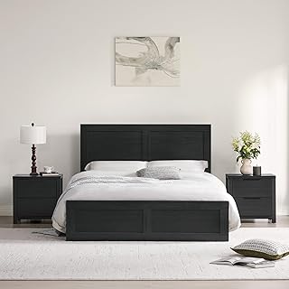 3 Pieces Bedroom Set, Queen Size Wood Platform Bed Frame and 2 Nightstands, Storage Nightstand with Type-C Charging Port, Farmhouse Bedroom Furniture Set