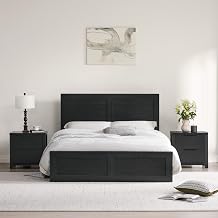 KISLOT 3 Pieces Bedroom Set, Full Size Wood Platform Bed Frame and 2 Nightstands, Storage Nightstand with Type-C Charging Port, Farmhouse Bedroom Furniture Set