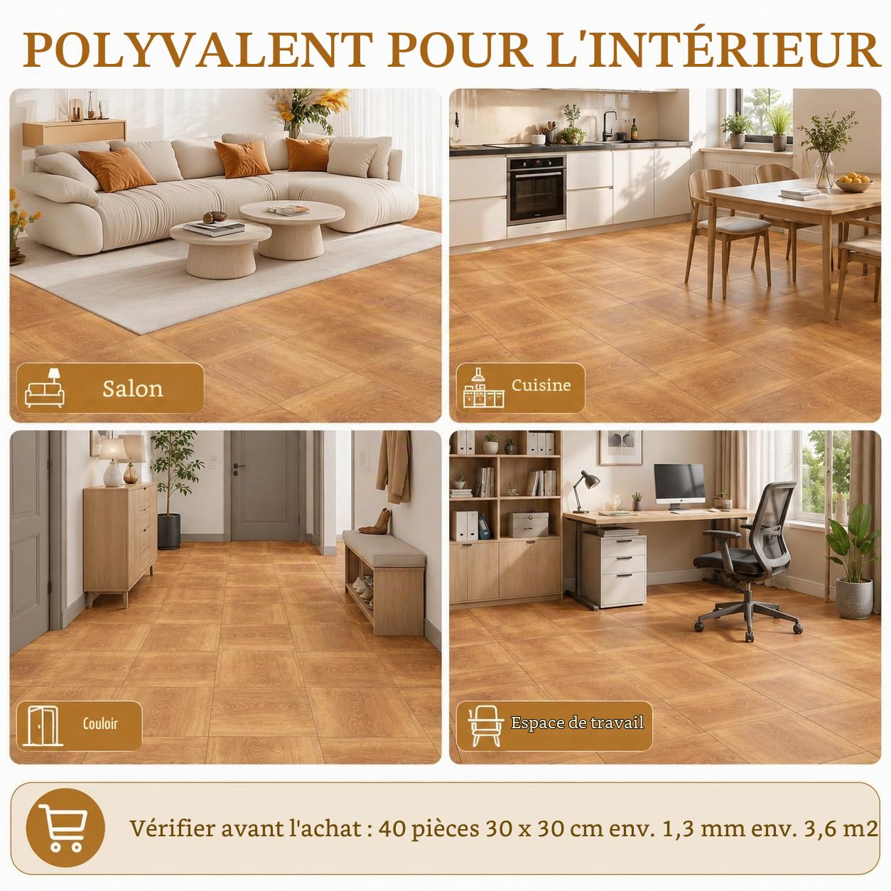 CYEER Lot de 40 Dalles PVC Adhésives Sol 30x30cm, Sol Vinyle Autocollant Effet Chêne Naturel, Revêtement de Sol Imperméable pour Cuisine, Salle de Bain et Salon, Rénovation DIY (3,6 m²)