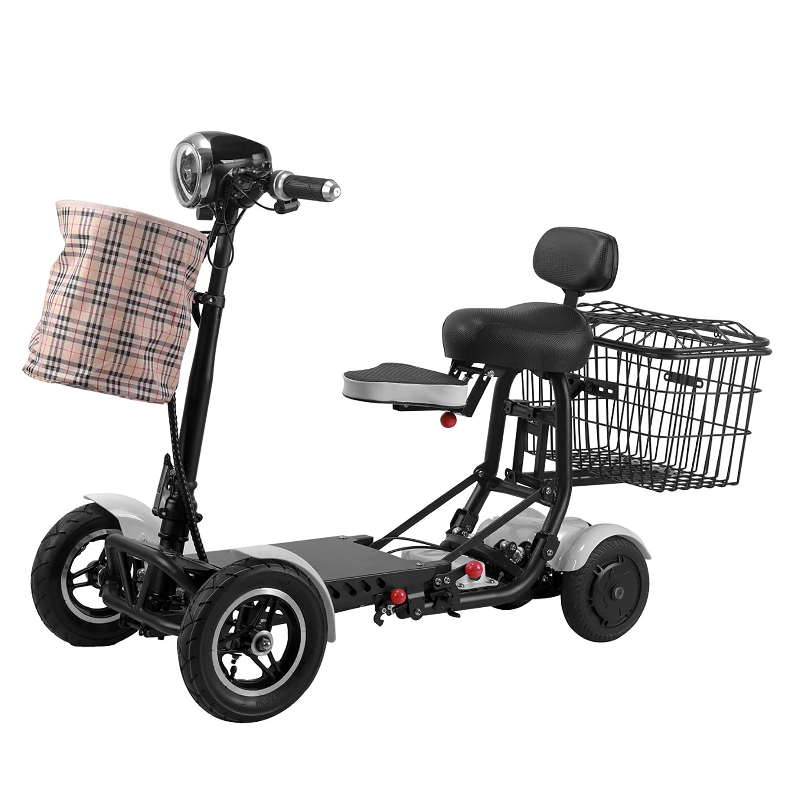 Scooter de movilidad plegable de 4 ruedas para adultos, ancianos, discapacitados, viajes al aire libre, cestas dobles delanteras y traseras, frenos de disco dobles, negro, 15,6 Ah/40 km