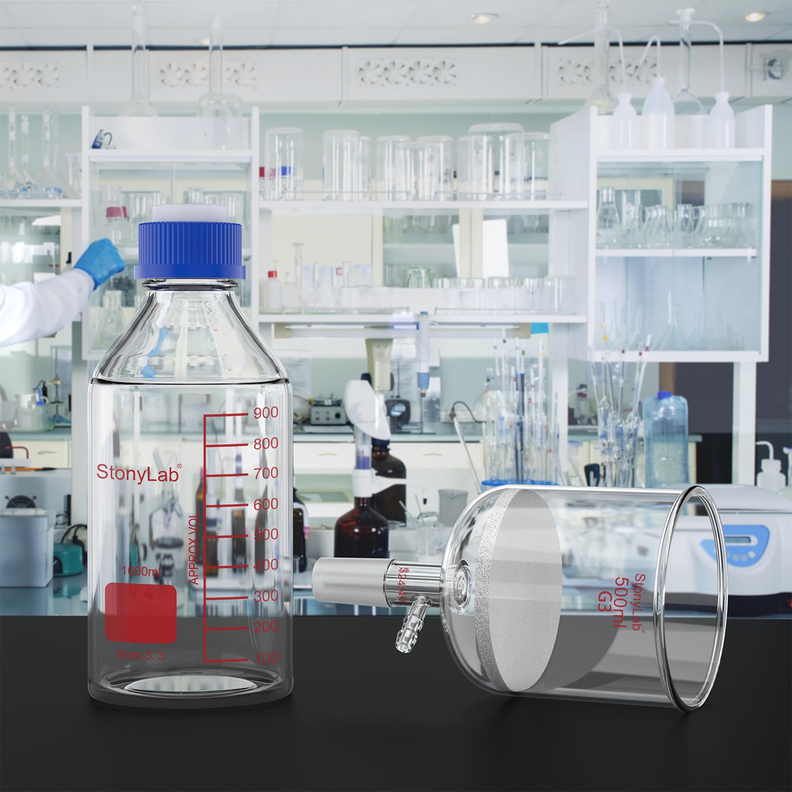 stonylab Buchner Trichter Saugfiltrationsapparat mit PP Adapter, Borosilikatglas, 500 ml Trichter mit Feiner Fritte (G3) und 1000 ml Vorratsflaschen, 24/40 Schliff, für Laborgebrauch