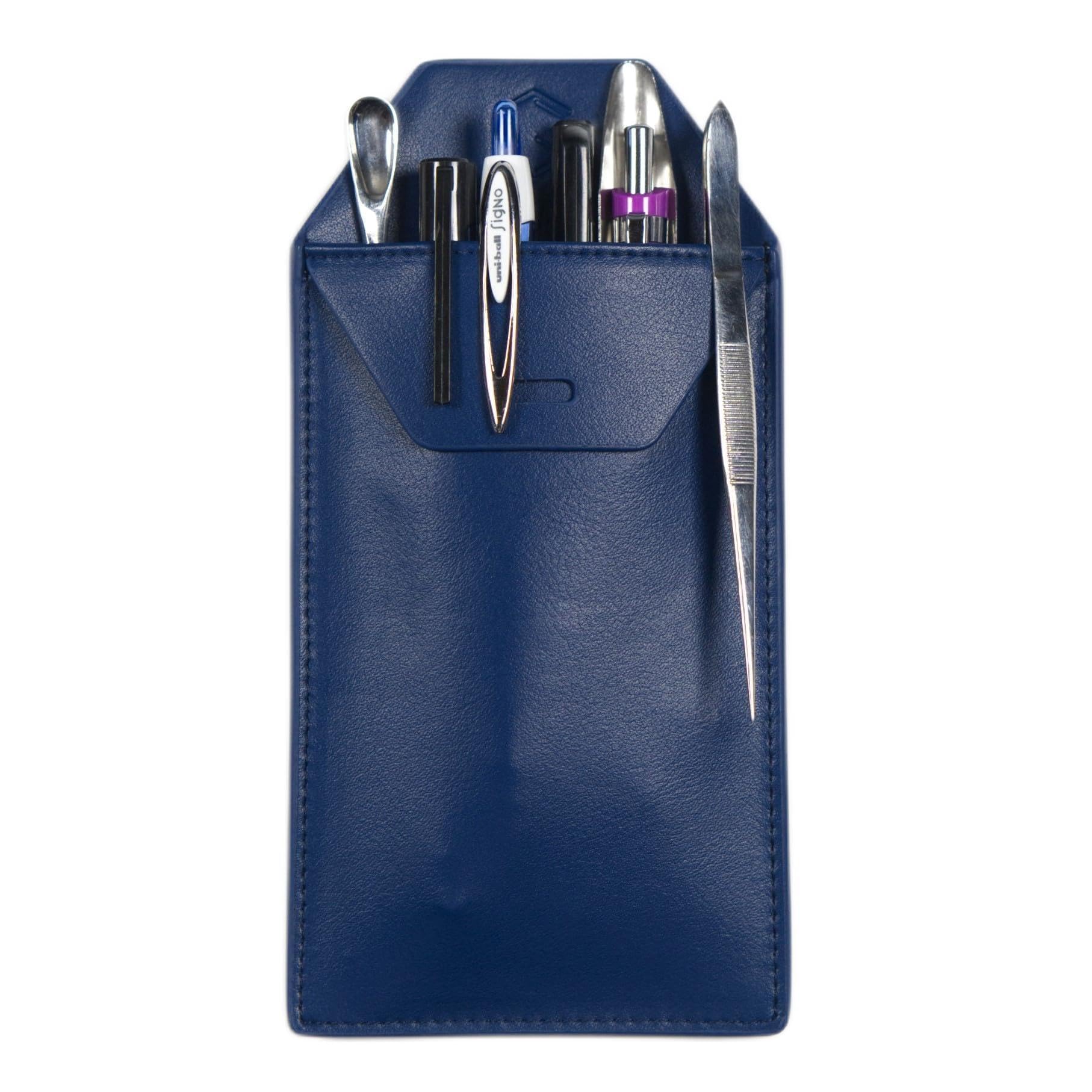Lab Coat Pocket Protector - Faux Leather Tools Pen & Marker Holder Organizer Pouch - Scientists-Engineers - Holds Laboratory Accessories, Tweezers, Spatula, Badge ID - (Sapphire Blue)