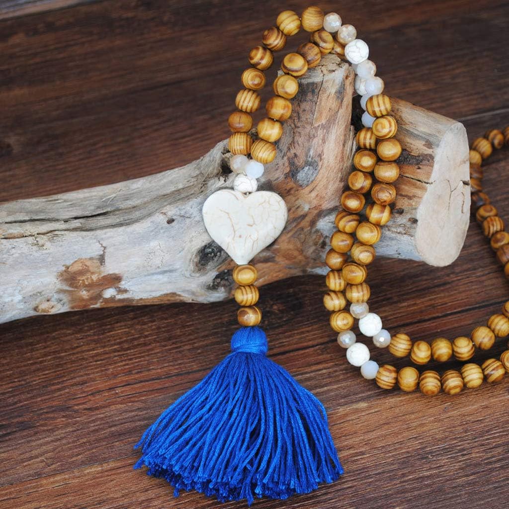 SEIMOO Bohemian Handgjord Lång Tröja Kedja Naturligt Trä Pärla Turkos Bomull Tofs Lång Halsband Dam Mode Jew-Peacock Blue