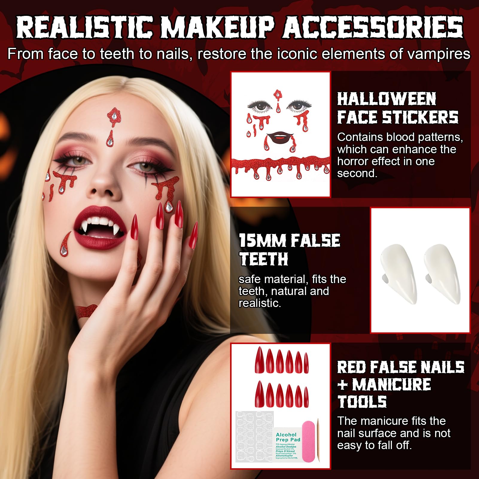 SHOPPGO Halloween Vampire Set, 140cm Vampire Cloak, 4 In 1 Pack Adult Vampire Costume with Halloween Face Stickers - Image 4