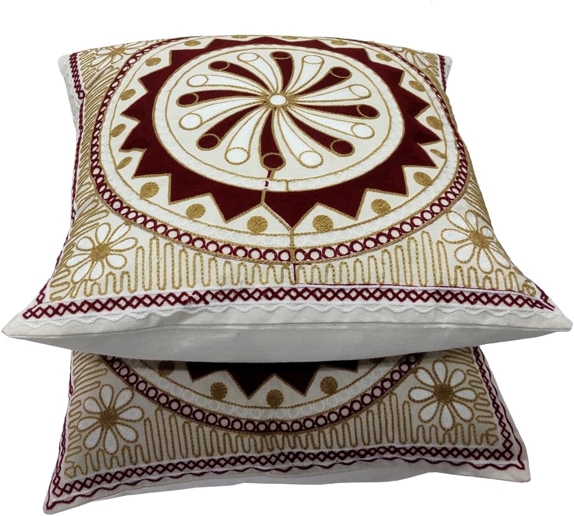 Purpledip Cotton Throw Pillow Cushion Covers 'Radial Orange': Ethnic Design Embroidery, Set of 2, 16 Inches (12445C)