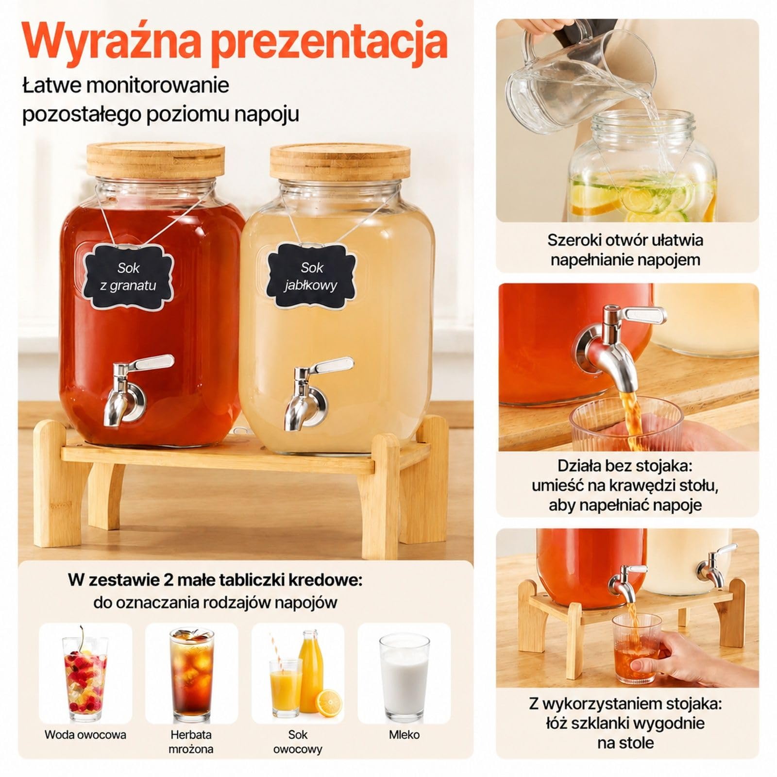 Szklany dystrybutor napojów 2 x 3,8 l, przezroczysty podwójny cylinder z kranem i drewnianą podstawką na przyjęcie, bar, restaurację, lemoniadę, herbatę mrożoną