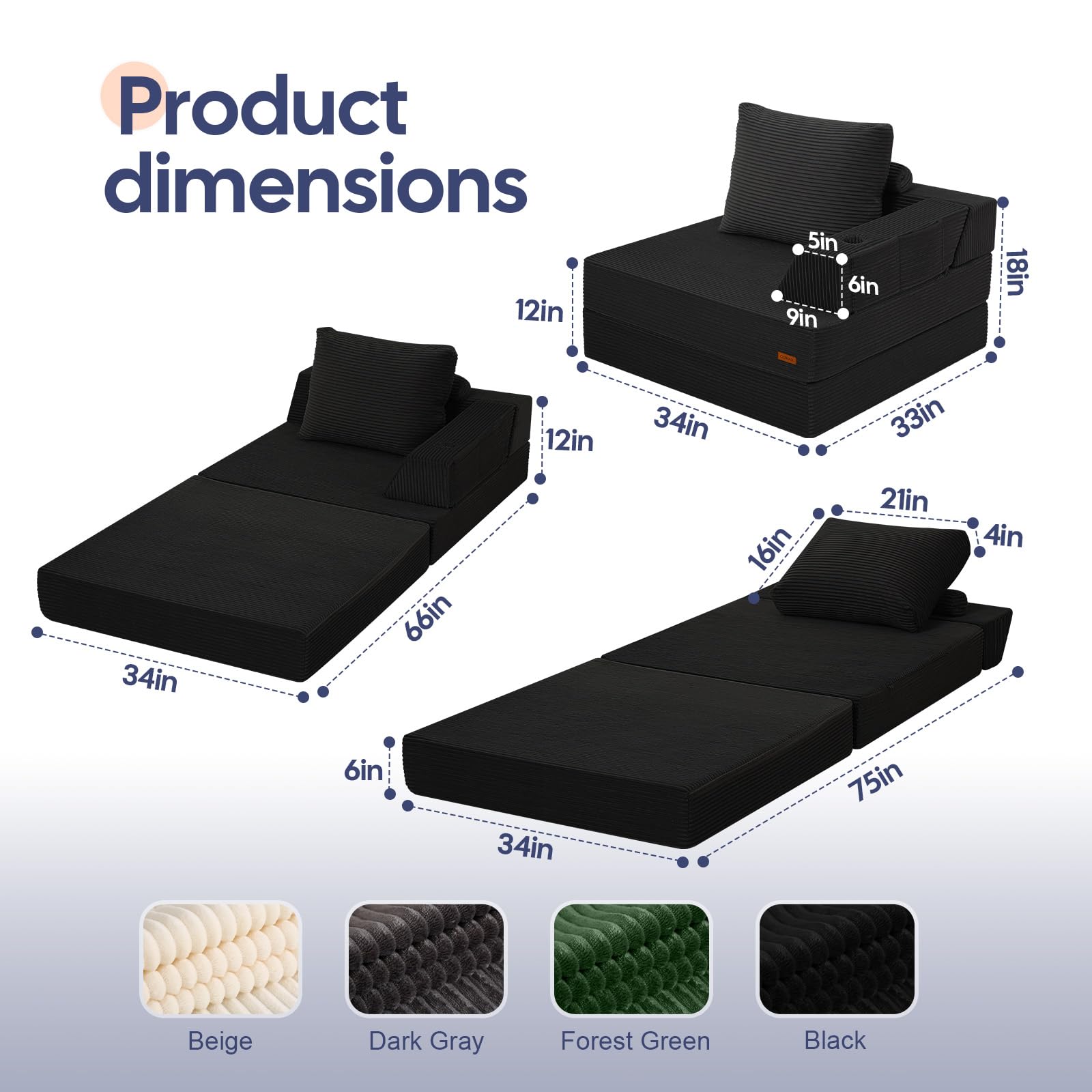 COMAX Folding Sofa Bed, Foldable Couch for Bedroom, Corduroy Convertible Floor Sleeper Futon Chair Foam, 3 in 1 Fold Out Chair Portable Comfy Lounge Couch Single Sofa Bed for Small Space Guest Room