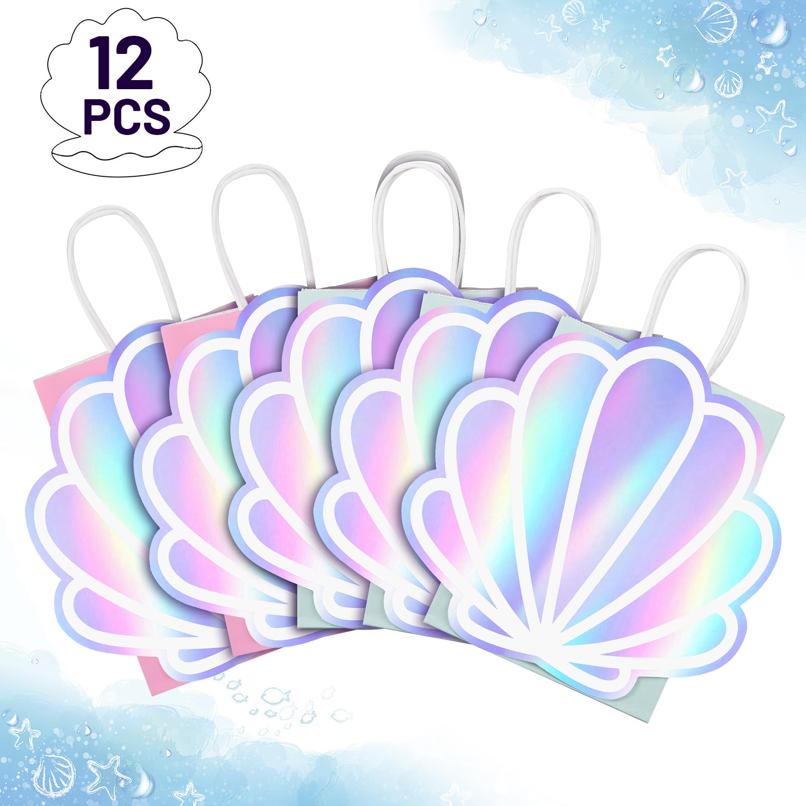 12 Pack Sea Shell Gift Bags For Mermaid Goodie Bags Party Favor Iridescent with Handle for Under The Sea Party Summer Ocean Beach Celebration Supplies