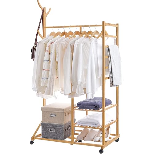 Homde Clothing Rack Bamboo Garment Rack Rolling Coat Rack Multifunctional Bedroom Hanging Rack Clothing Organizer Hat Tree 3 Layers Wardrobe Storage Shelves with Wheels 6 Hooks (Natural)
