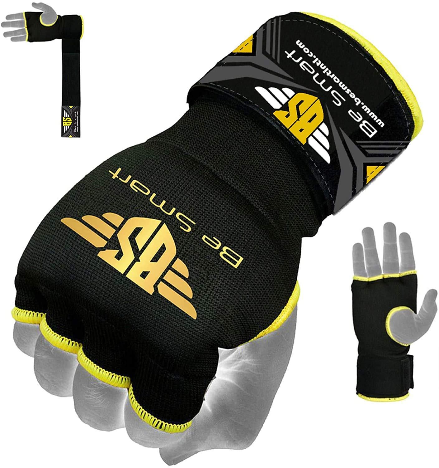 Be Smart Boxing Hand Wraps Inner Gloves, Gel Padded Knuckle Mitts with Long Wrist Straps for Boxing, MMA, Muay Thai, Kickboxing & Bag Training (Yellow, XL)