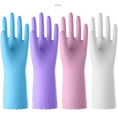 KAQ Guantes de goma para lavar platos, 4 pares de guantes de cocina reutilizables para lavar platos, guantes de cocina sin látex con forro de KAQ Guantes de goma para lavar platos, 4 pares de guantes de cocina reutilizables para lavar platos, guantes de cocina sin látex con forro de