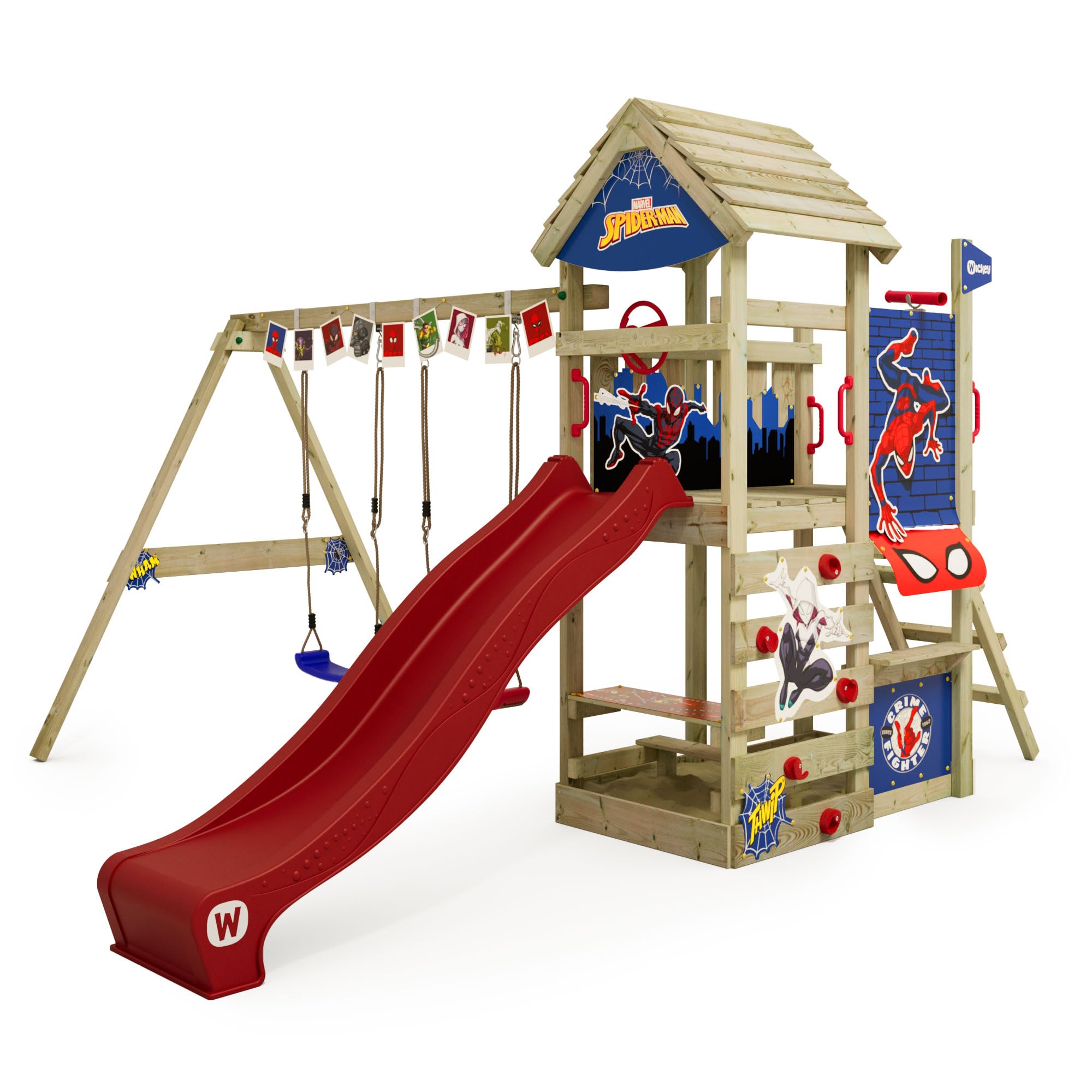 Marvel's Spider-Man Adventure Spielturm von Wickey - Klettergerüst, Kletterturm, Gartenspielgerät für Kinder - Outdoor Garten Spielplatz aus Holz mit Sandkasten