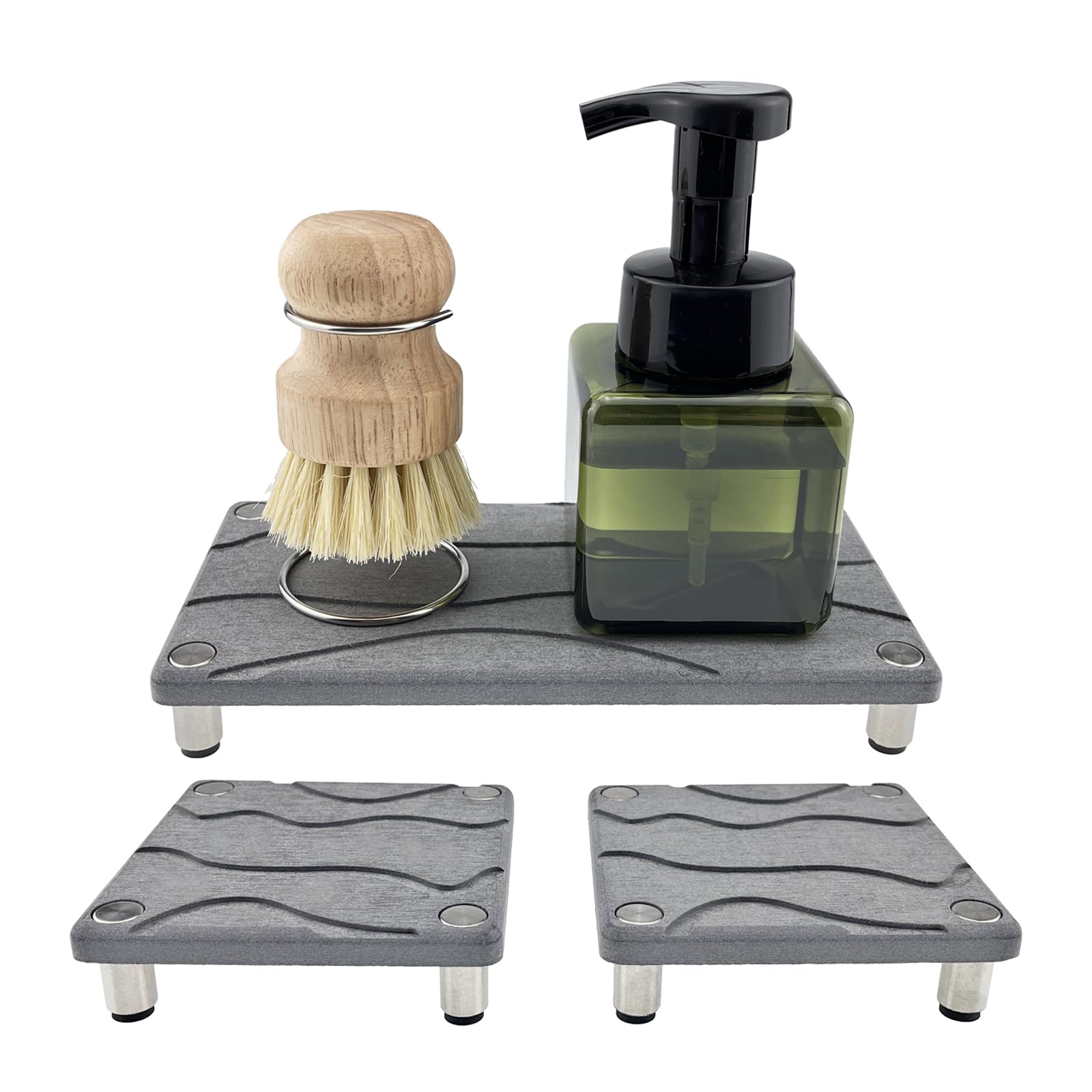 3 Pack Drying Trays with Feet, Water Absorbing Stone Trays Diatomite Tray Instant Dry Sink Coasters, Kitchen Sponge Hand Soap Holder Countertop Fast Drying Counter Tray Wave Grooves Bath Mat