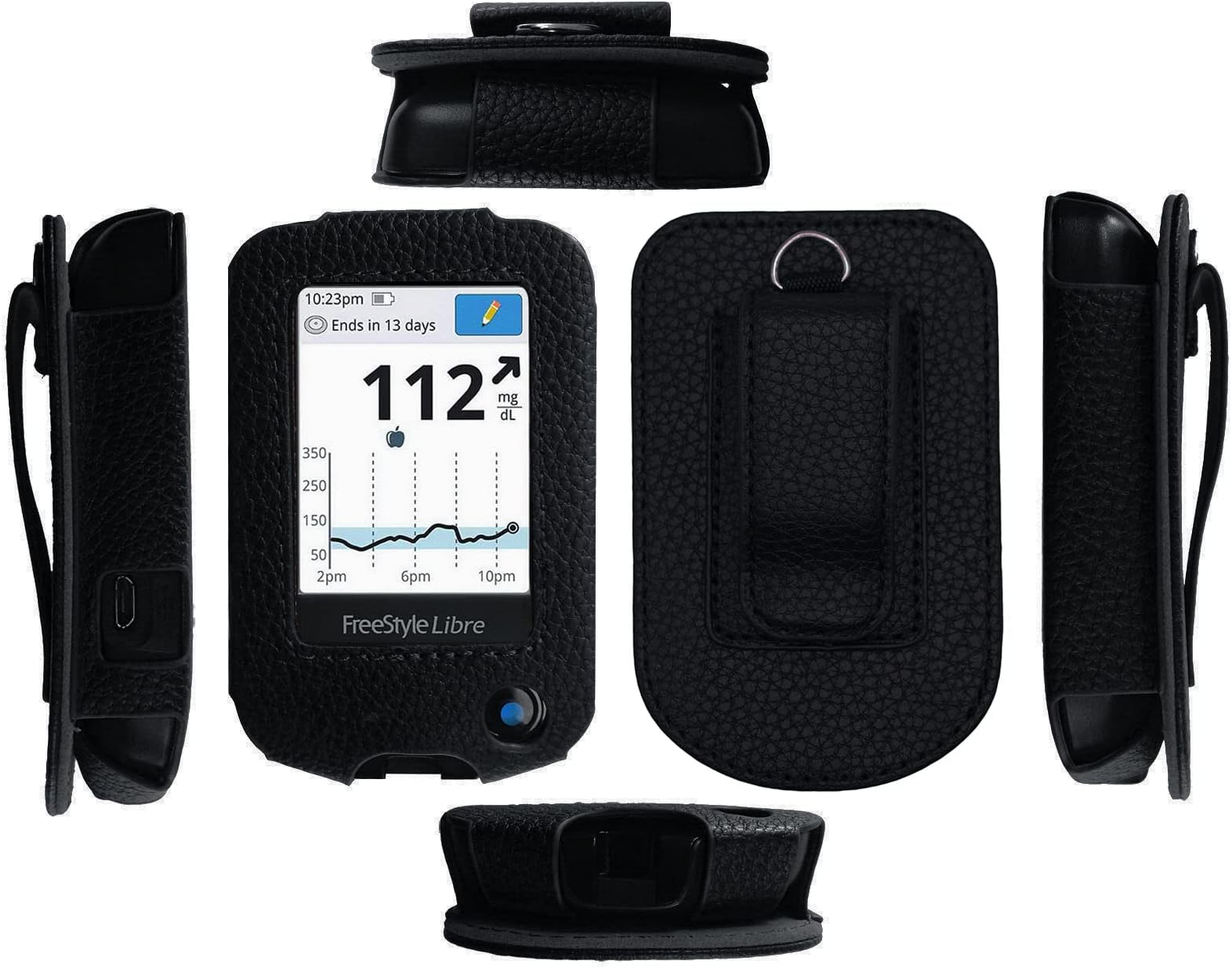 Fitted Leather Case W/Screen Protector (Includes Carabiner & Lanyard) for Freestyle Libre,Freestyle Libre 2, Freestyle Libre 14 Day,Freestyle Libre HD (Black)