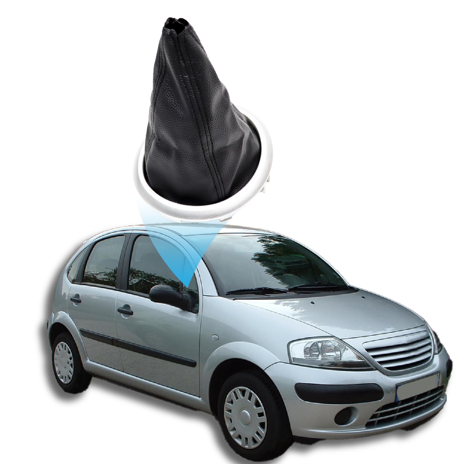 Kit Soufflet Levier Vitesses 1606400280 pour Citroën C3 2003-2009 Avec Anneau de Retenue Cadre 7589T8 Masque Cadre Extérieur Argenté 7589V0