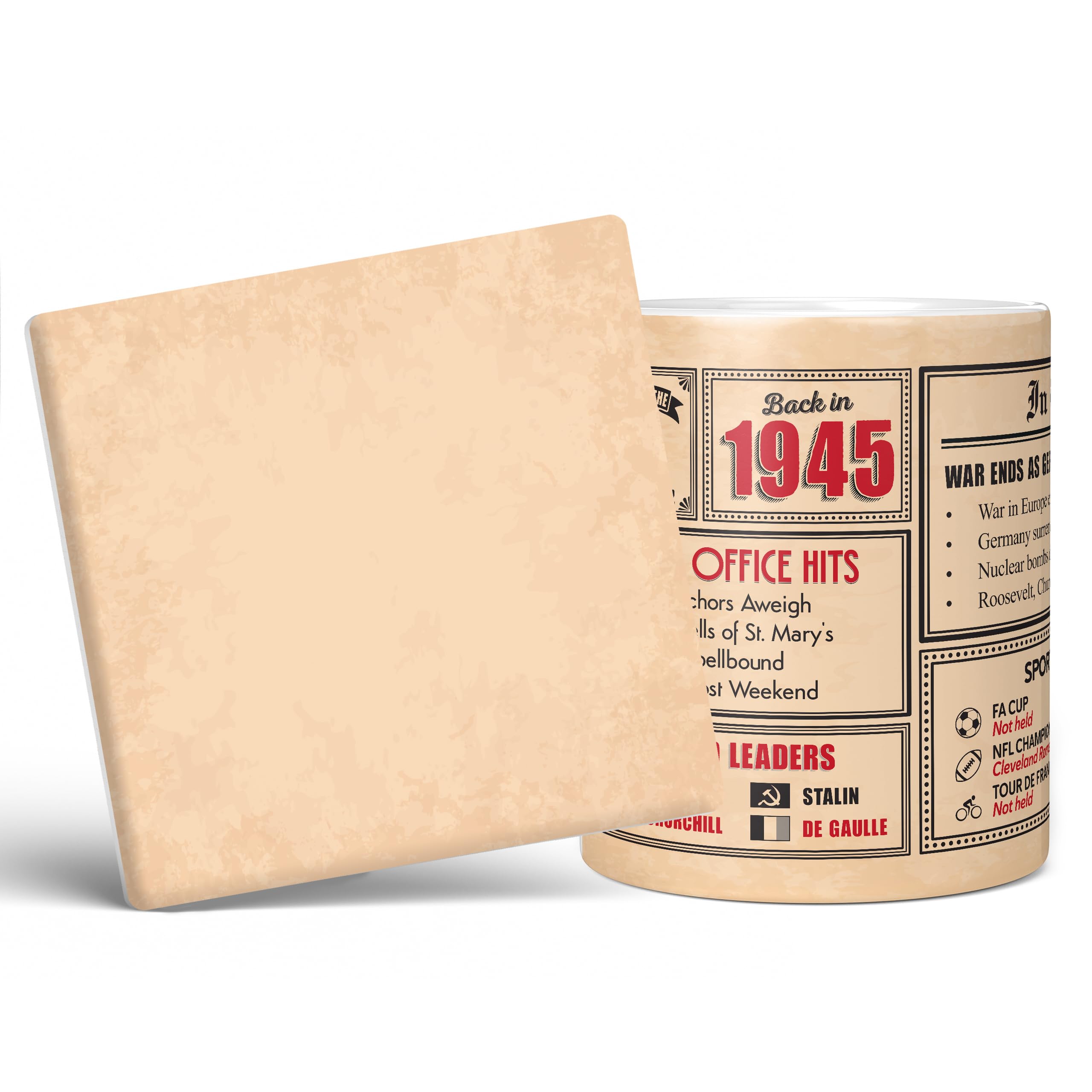 Mug Monster - 81st Birthday Gift - Back in 1945 in This Year Mug, Present for Men and Women, Birthday Gifts for Women, Birthday Gifts for Men, 81st Anniversary Present, 11oz White Mug & Coaster