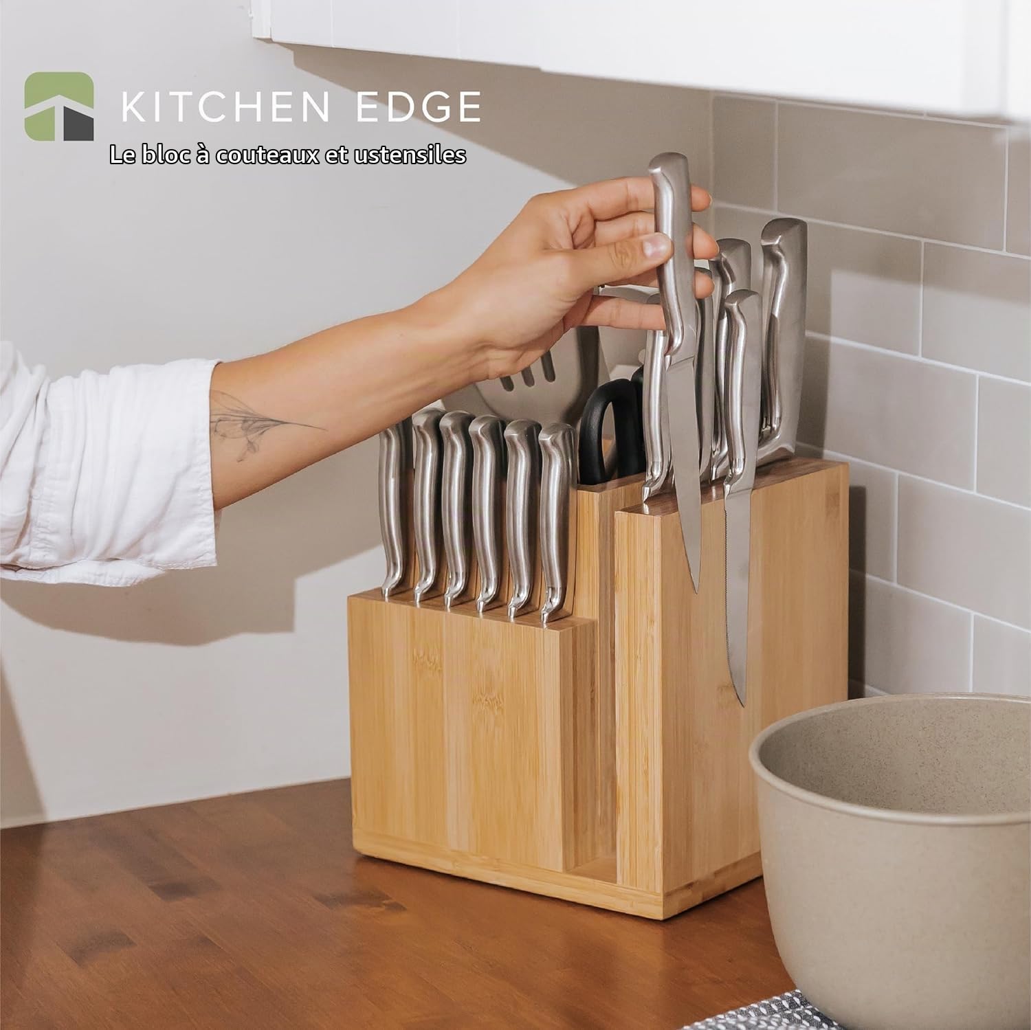 KitchenEdge Bloc de couteaux magnétique en bambou et porte-ustensiles de cuisine, rangement élégant pour couteaux de chef, couteaux à steak, spatules, ciseaux, pieds en caoutchouc antidérapants