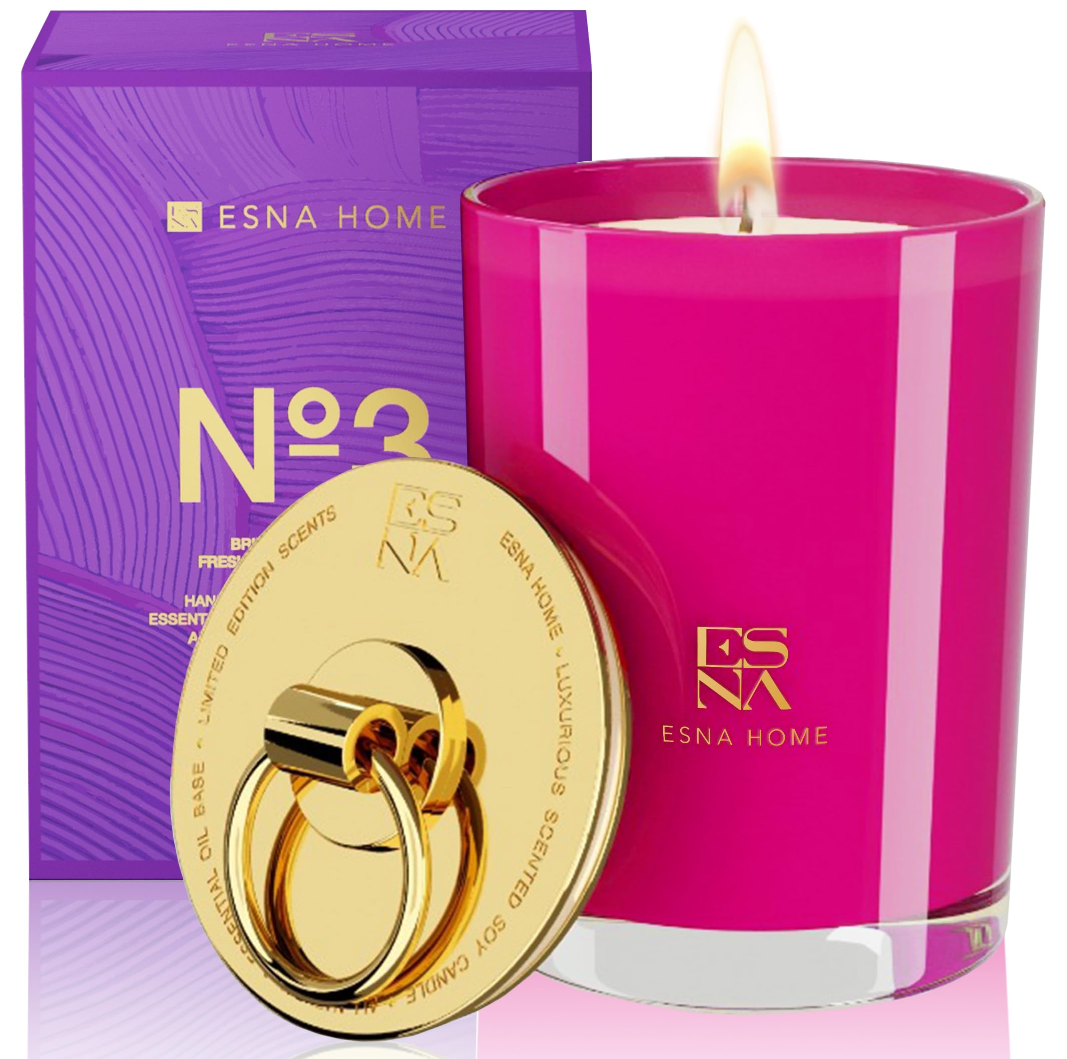 ESNA HOME 250 ml zapachowa świeca sojowa, wykonana z ręcznie nalewanego naturalnego wosku sojowego ze skoncentrowanymi świeżo ciętymi różami i jagodami, z metalową pokrywką pokrytą 18-karatowym złotem