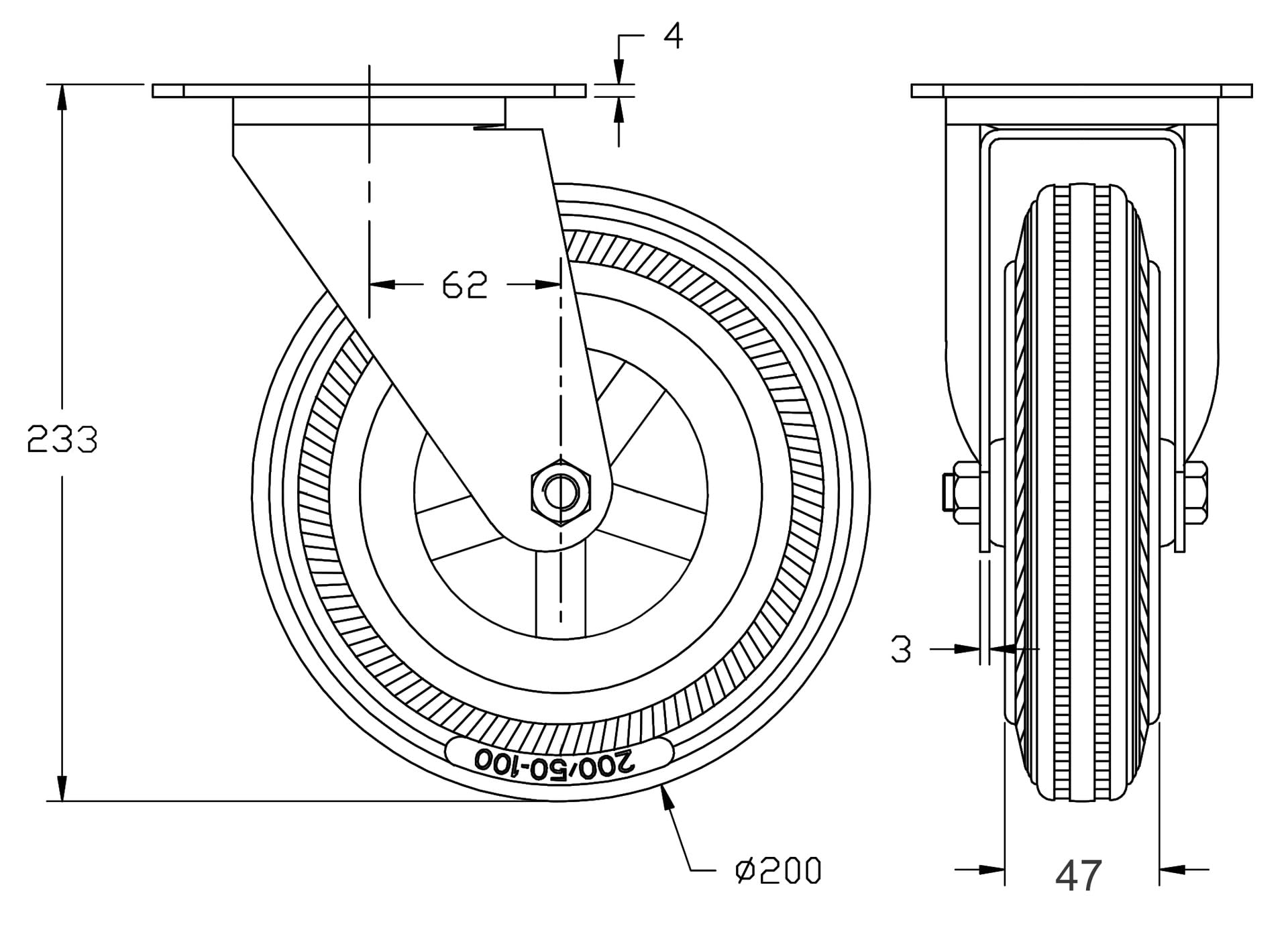 Roulettes pivotantes et fixes de 200 mm (8") avec bandage en caoutchouc gris, très résistantes, capacité de charge de 820 kg, lot de 4