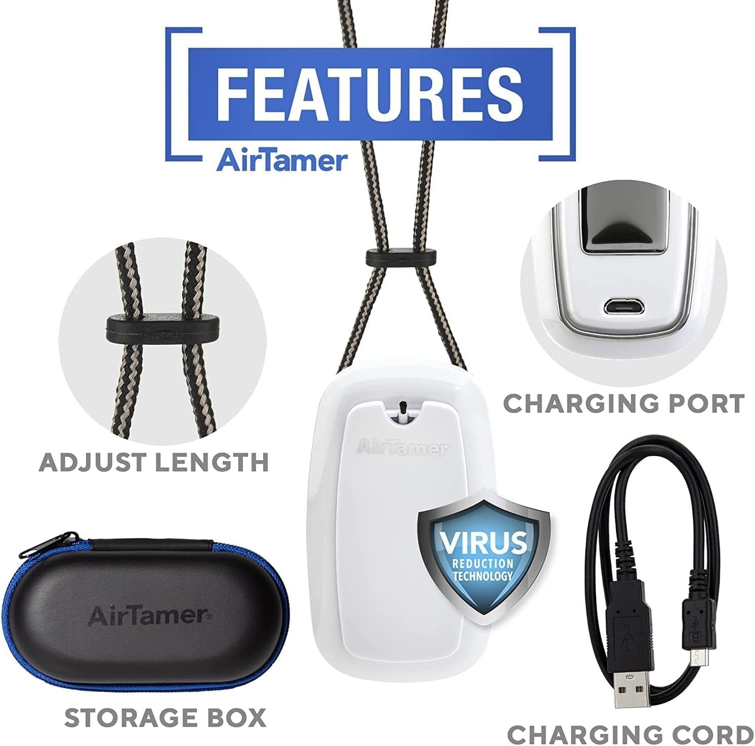 AirTamer A315W - Purificador de Aire Recargable - Generador de Iones Negativos - Contra Gérmenes y Alérgenos - Con Estuche de Viaje de Cuero - Blanco