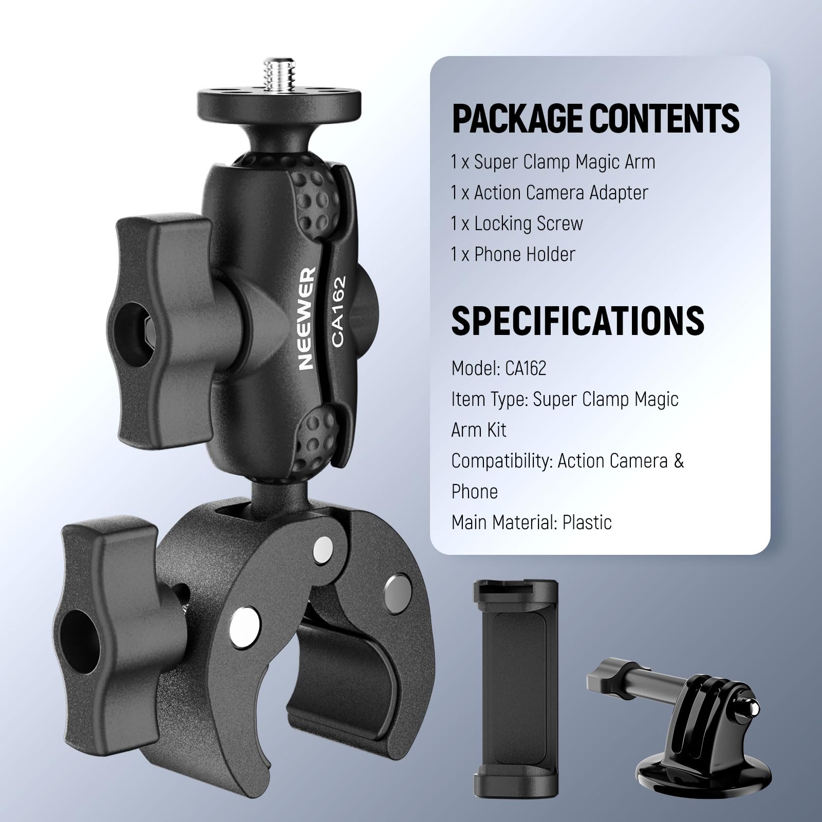 NEEWER Super Clamp Action Camera Mount con 360° Rótulas Dobles, Bici/Bicicleta/Motocicleta Soporte Manillar Compatible con iPhone Insta360 dji OSMO Action GoPro Hero para POV Grabación Vídeo, CA162