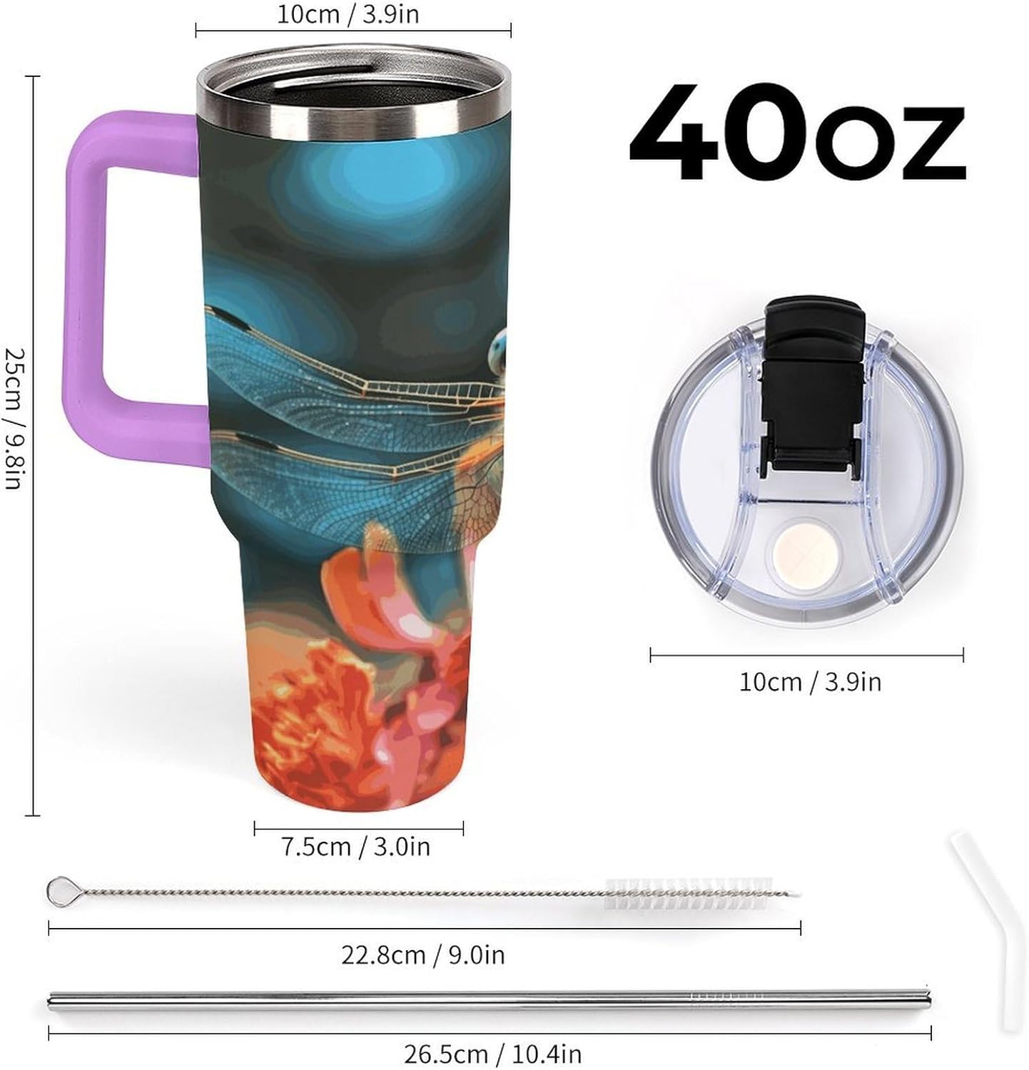 40 Oz Insulated Mug with Handle, Stainless Steel Dragonfly On The Flower Printed Travel Mug Portable Leak-proof Large Car Mug for Home, Office Or Car