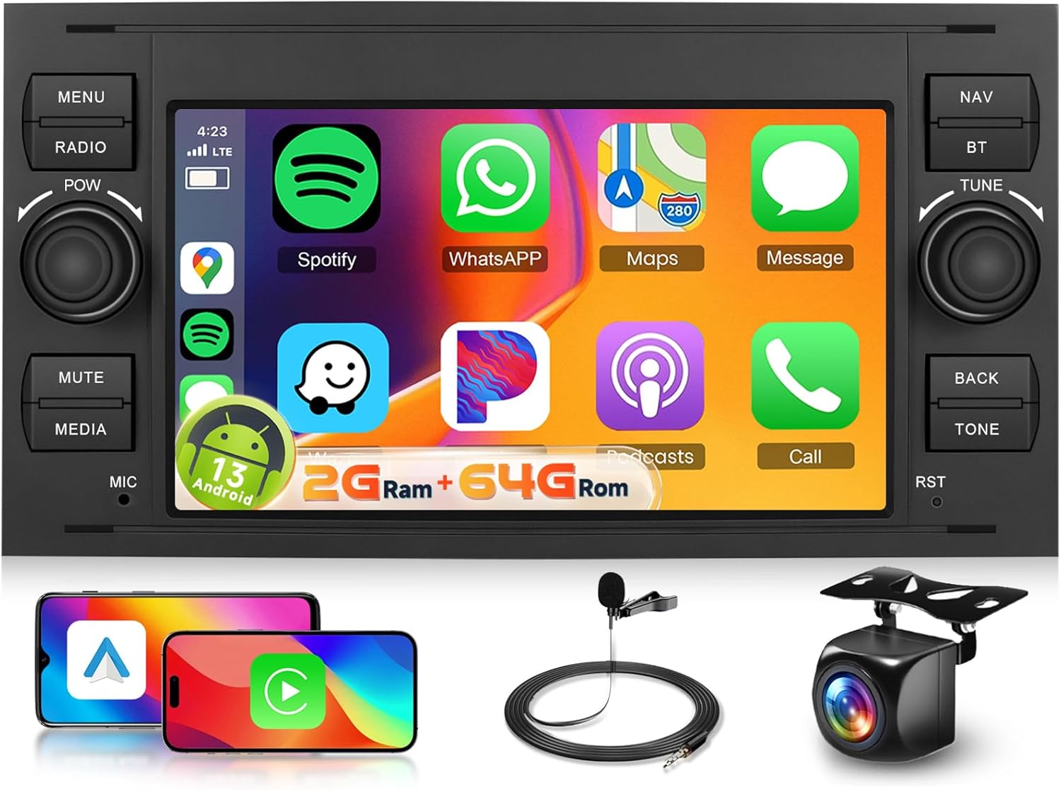 【2+64G】 Hodozzy Carplay Car Radio for Ford Transit Fiesta Focus 2005-2012, 9 Inch Touch Screen with Android Auto/DSP/WiFi/GPS/RDS/FM/Bluetooth/USB